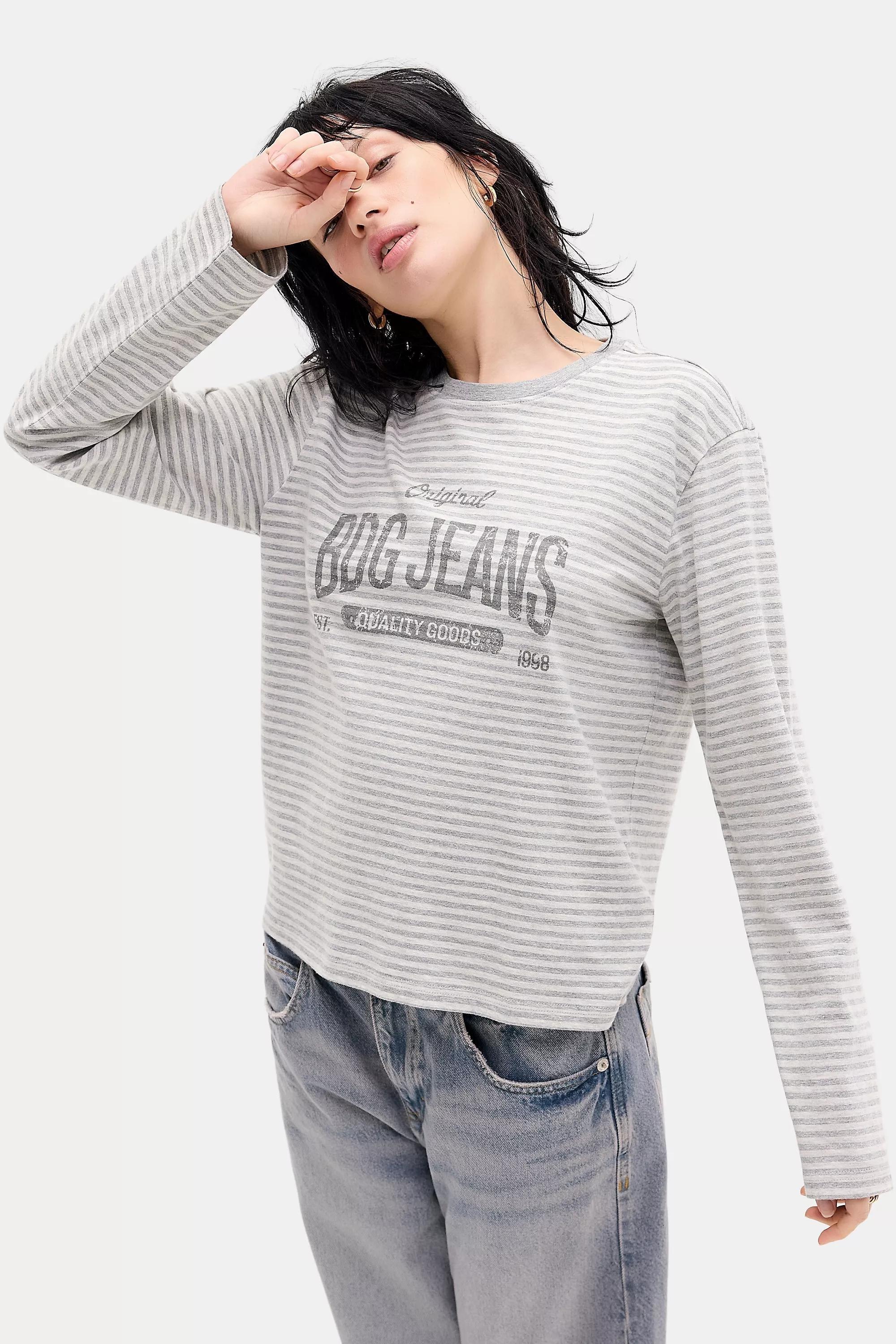 Grey Bdg Stripe Long Sleeve Relaxed T-Shirt, L GR, large image number 0