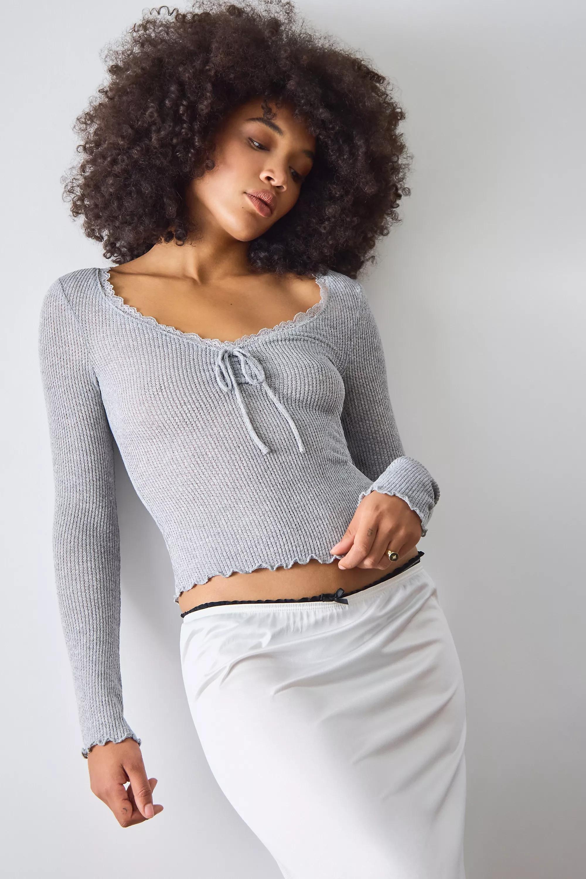 Grey Out From Under Ruched Waffle Long-Sleeve Top, GREY, large image number 1