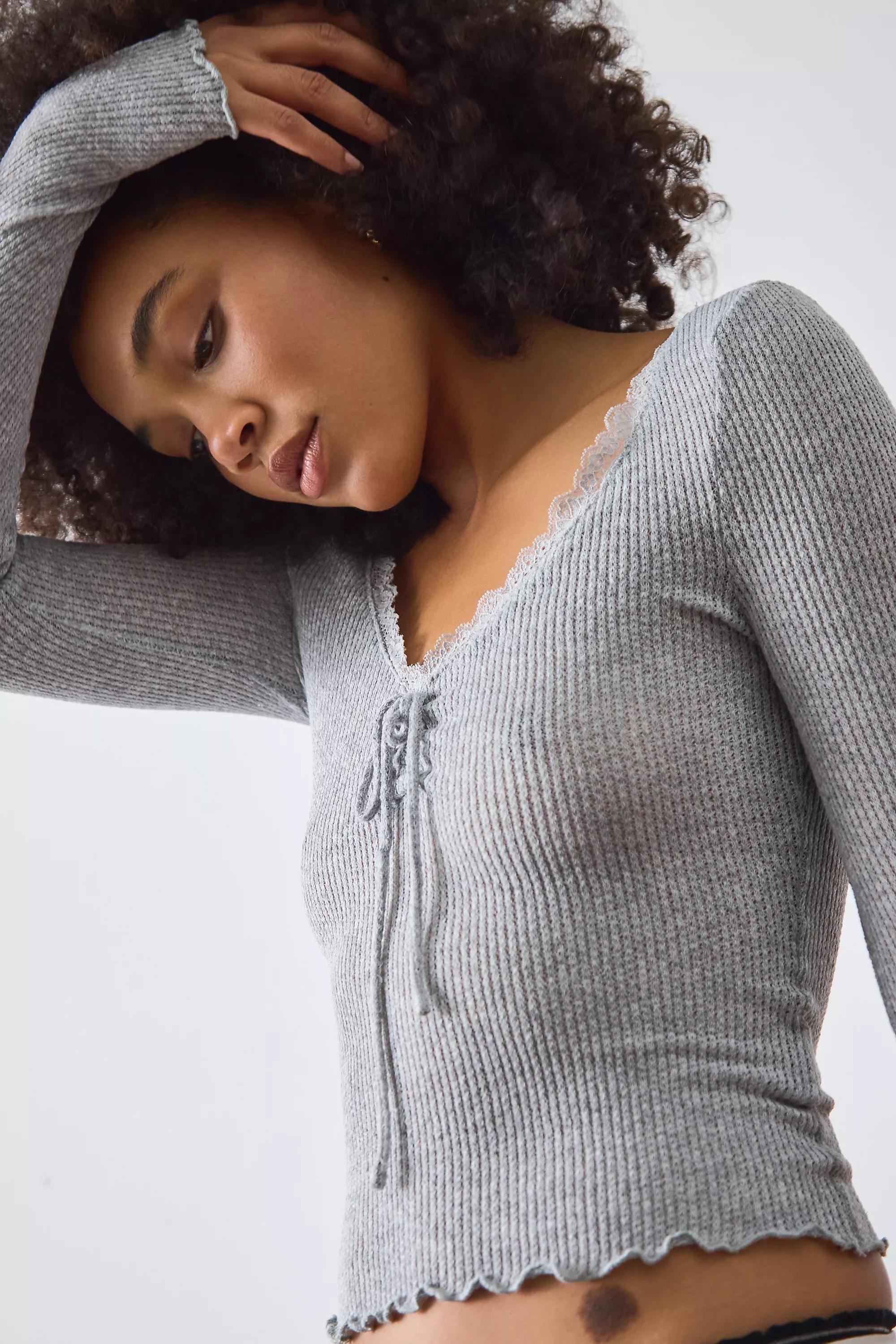 Grey Out From Under Ruched Waffle Long-Sleeve Top, GREY, large image number 2