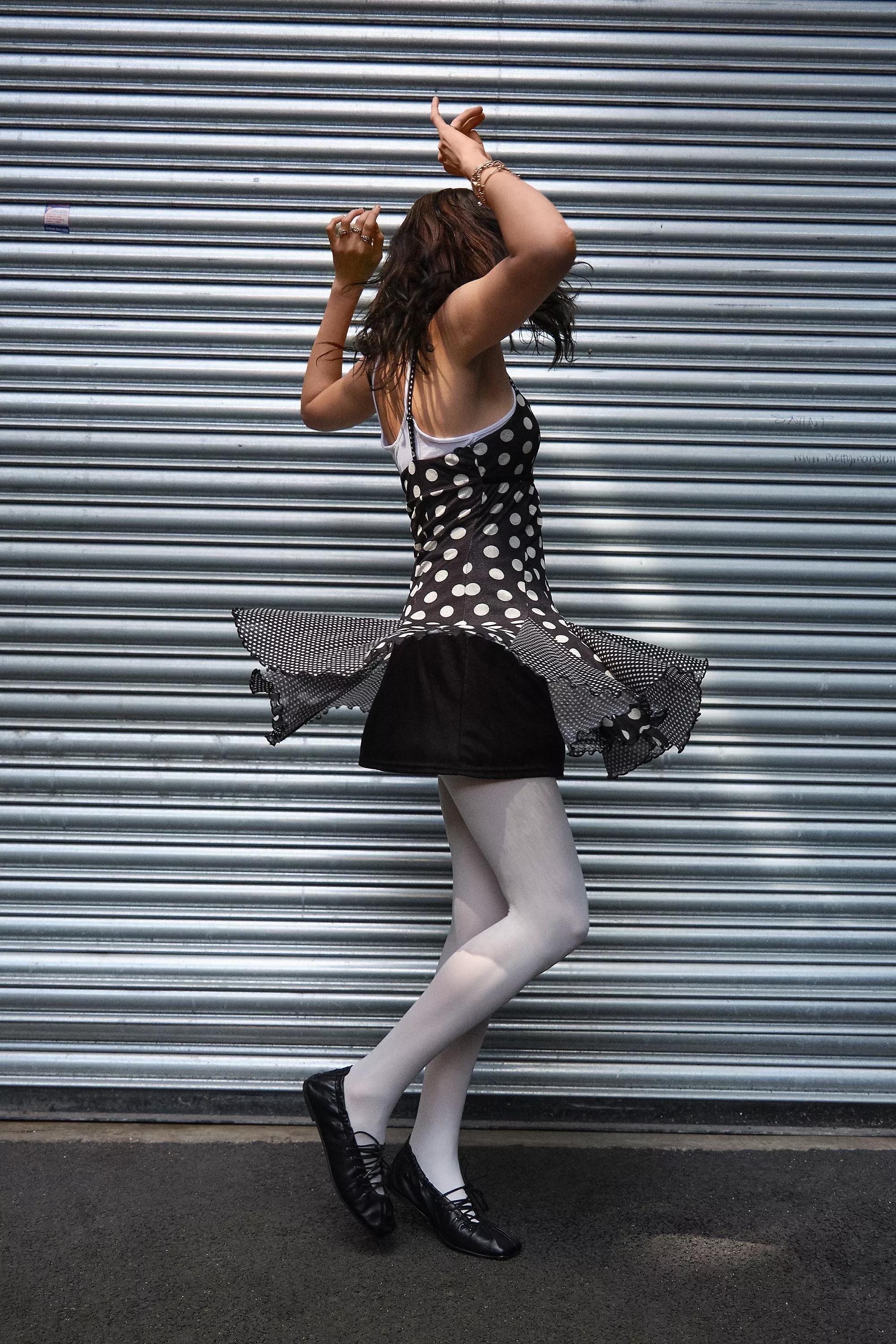 Black Uo Lena Polka Dot Godet Mini Dress, BLK MOTIF, large image number 1