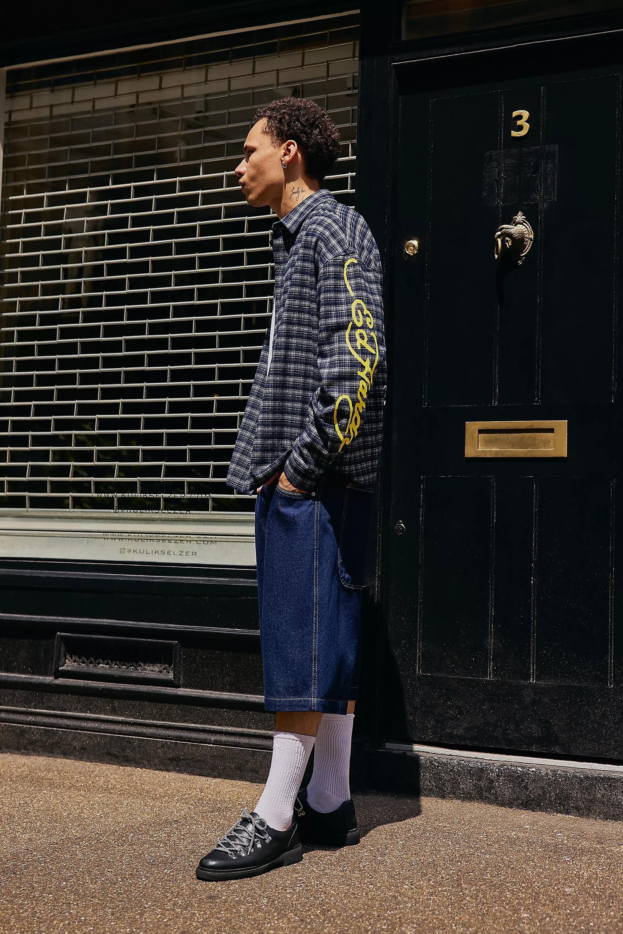 Navy Ed Hardy Uo Exclusive Blue Check Sword Shirt, NAVY, large image number 3