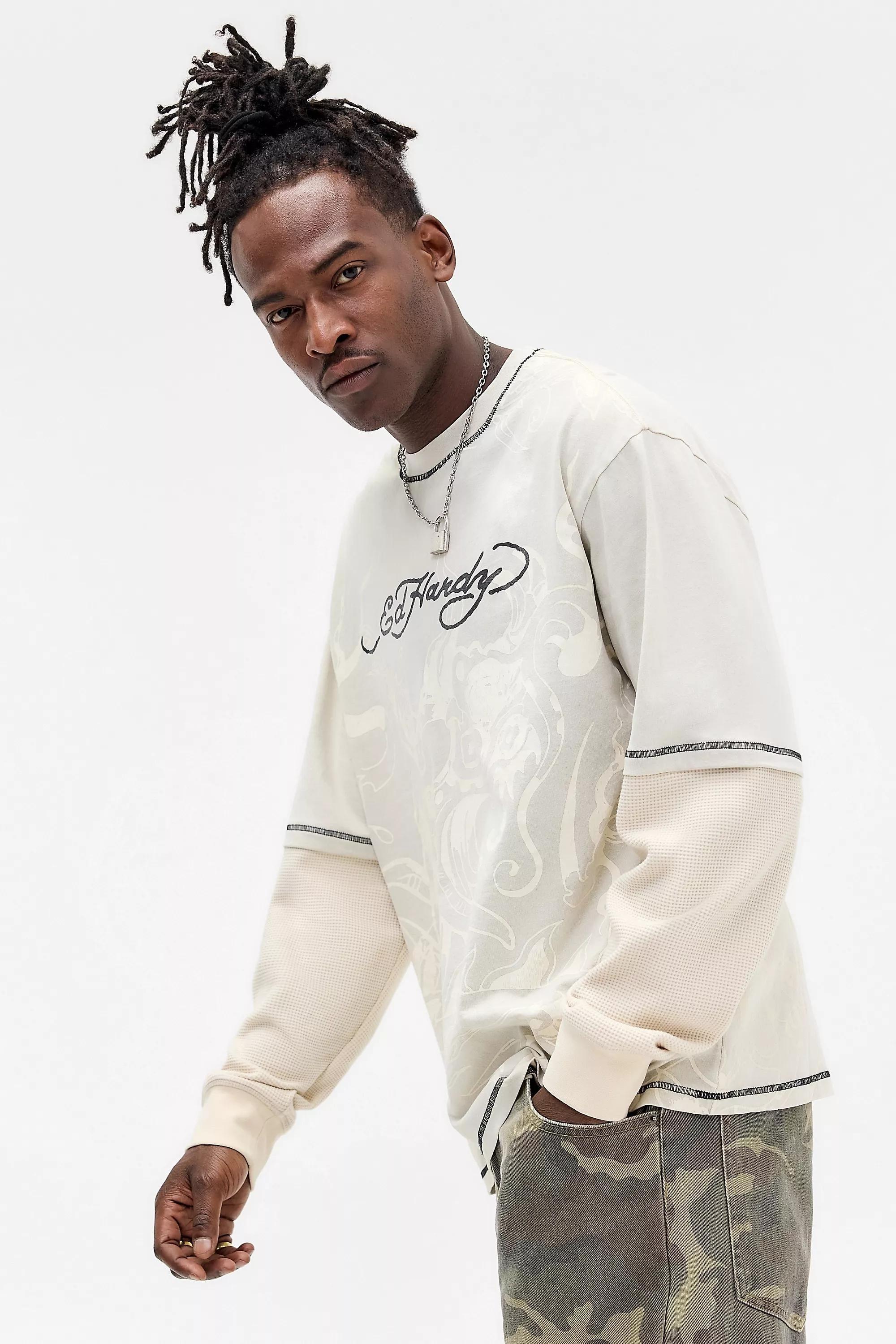 IVORY Ed Hardy UO Exclusive Waffle Double Layer T-Shirt, IVRY, large image number 0