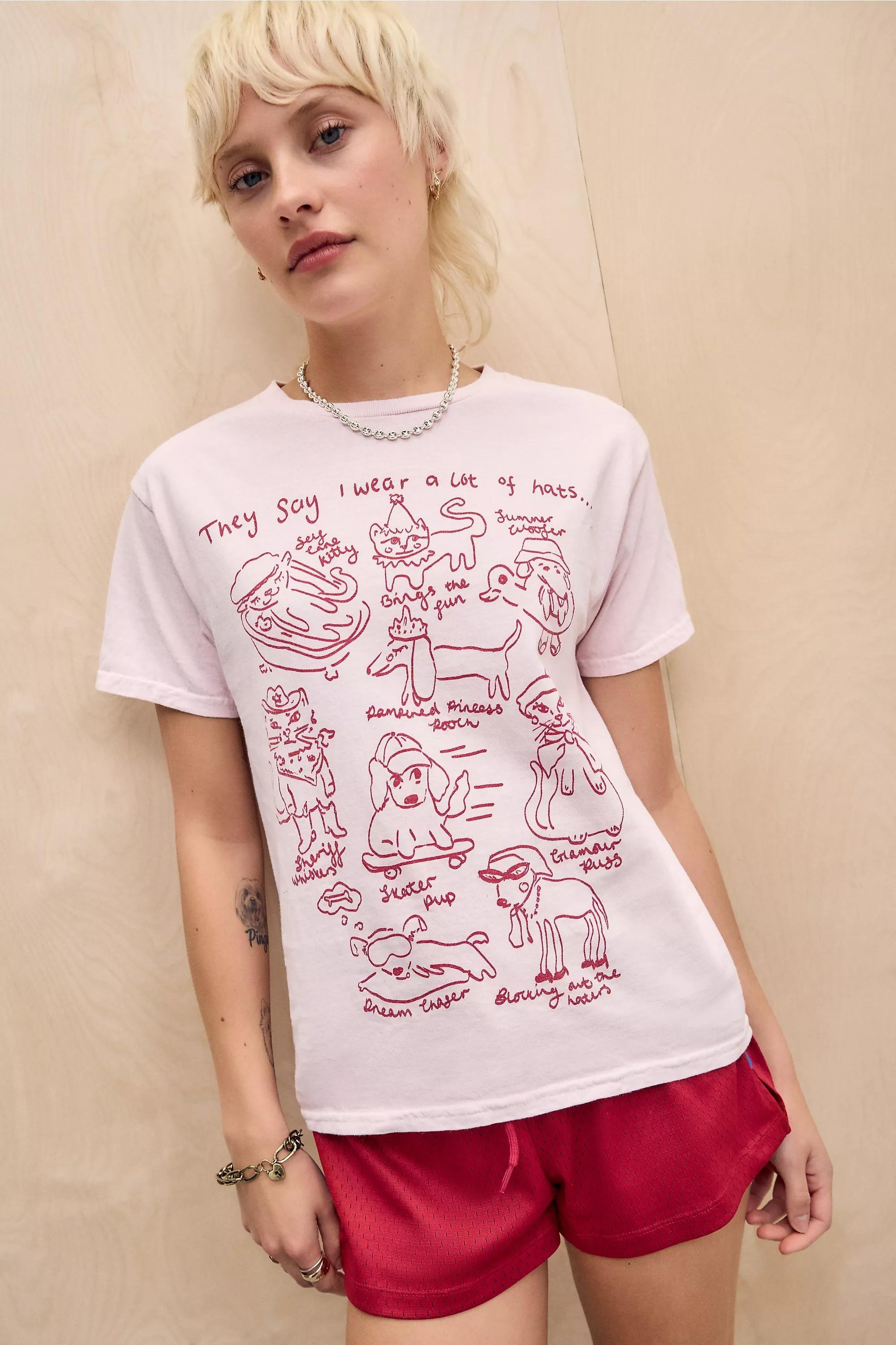 Pink Uo Cat Hat Doodle Relaxed T-Shirt, , large image number 0