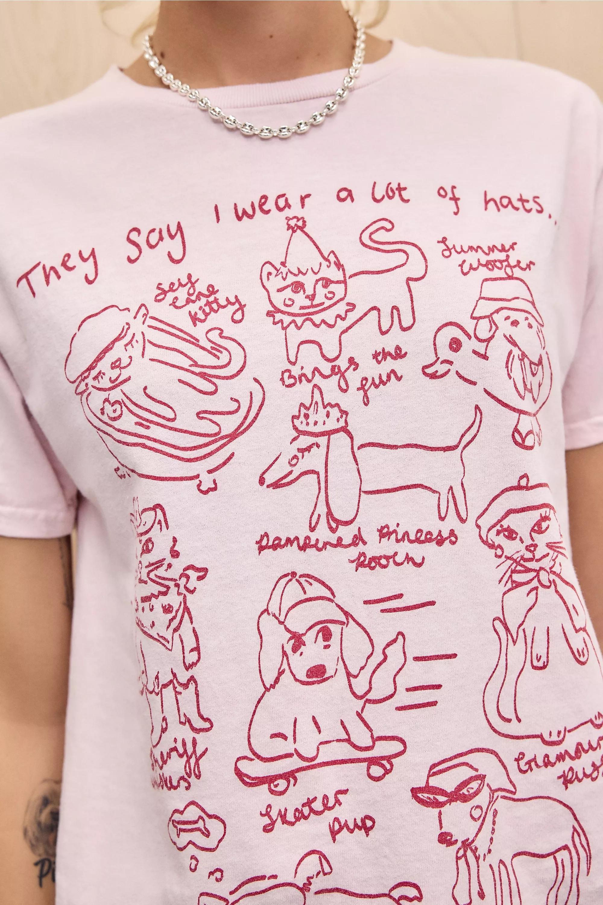 Pink Uo Cat Hat Doodle Relaxed T-Shirt, , large image number 2