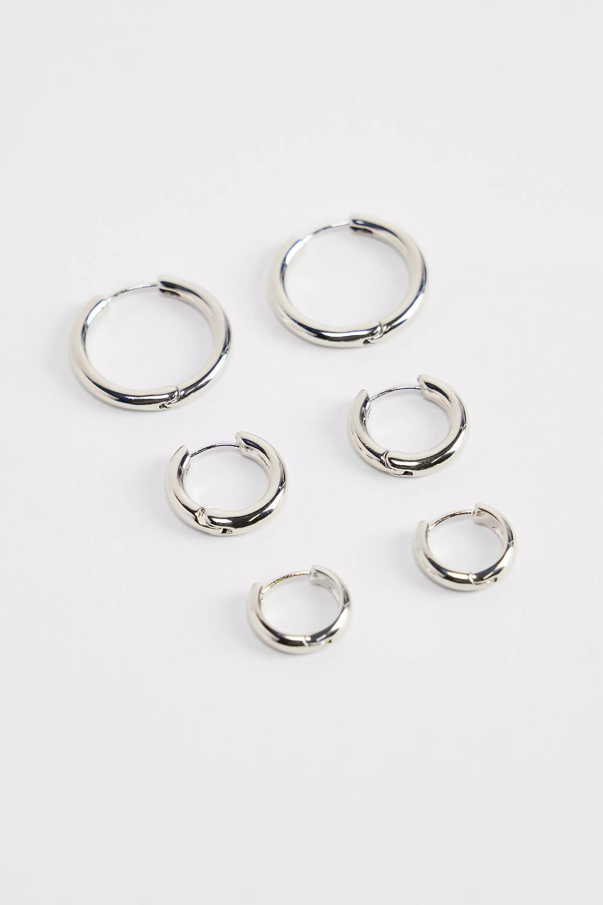 SILVER Silence + Noise Tunnel Hoop Earrings 3-Pack, SLVR, medium