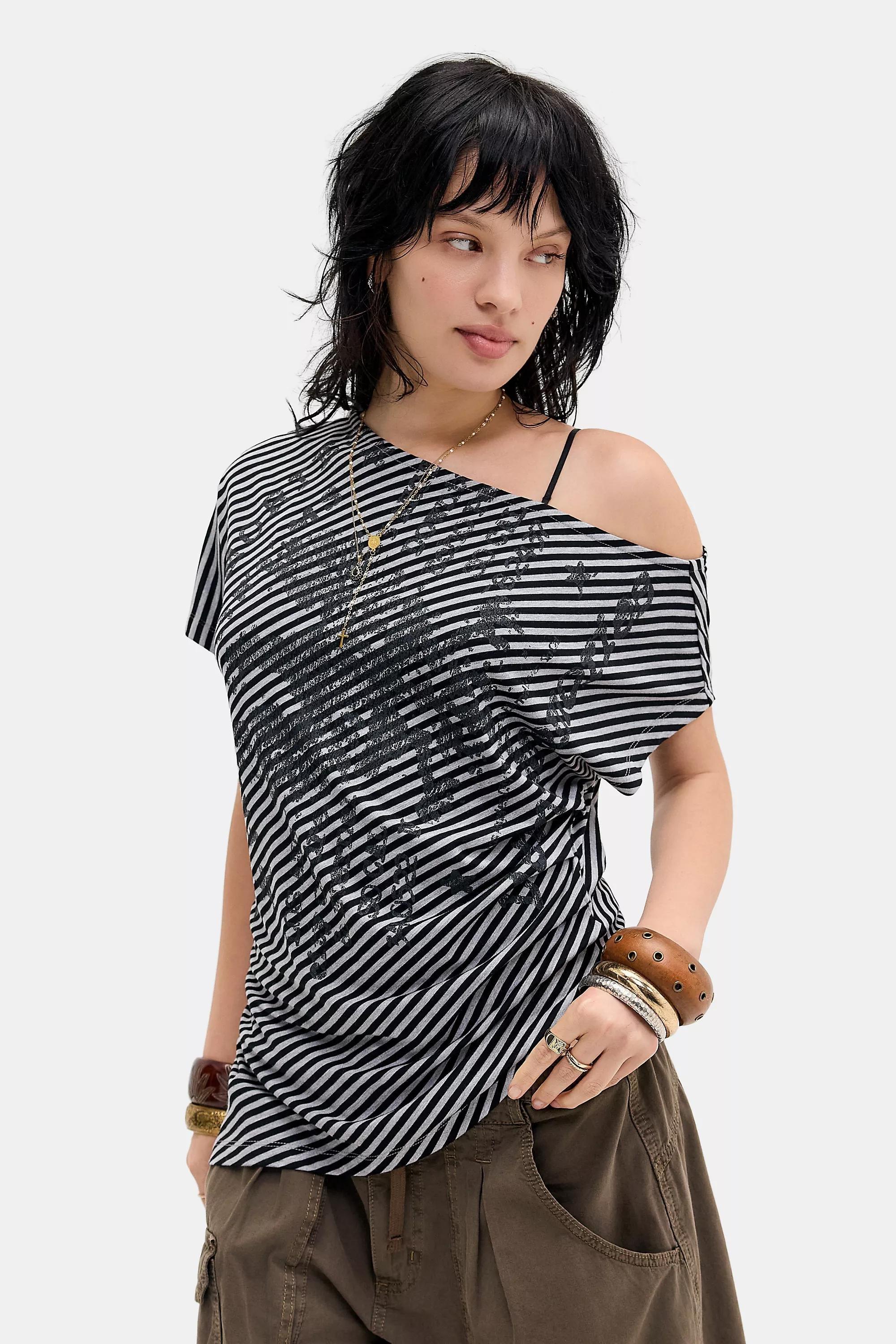 Grey UO Livia Stripe Stamp Slouch T-Shirt, GREY, large image number 0
