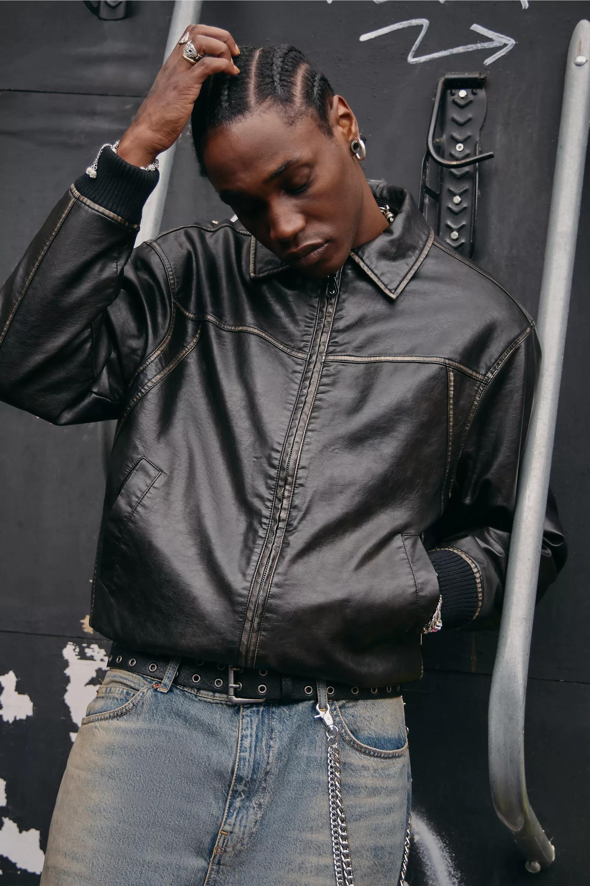 Black Bdg Washed Faux Leather Jacket, BLK, medium