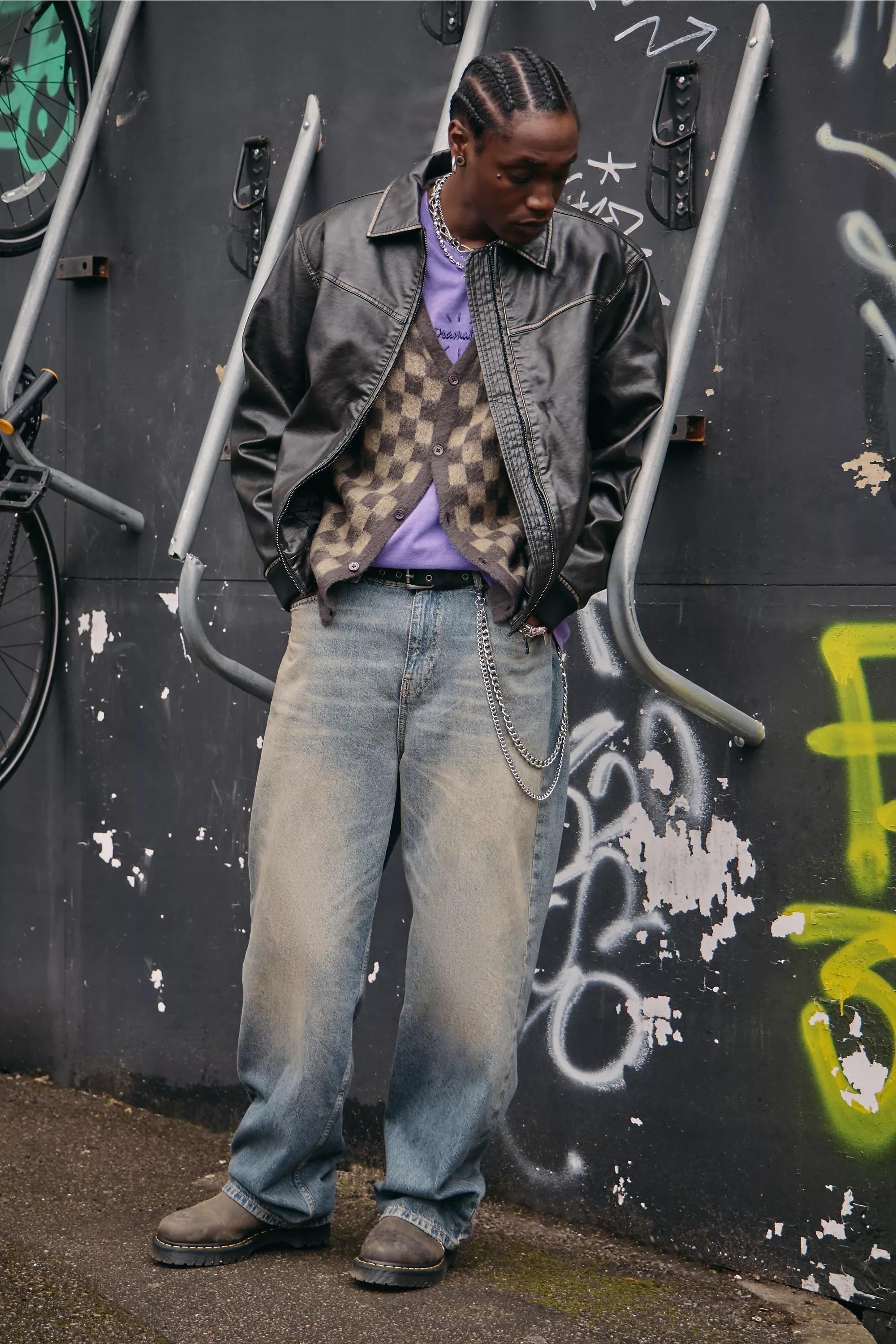 Black Bdg Washed Faux Leather Jacket, BLK, medium