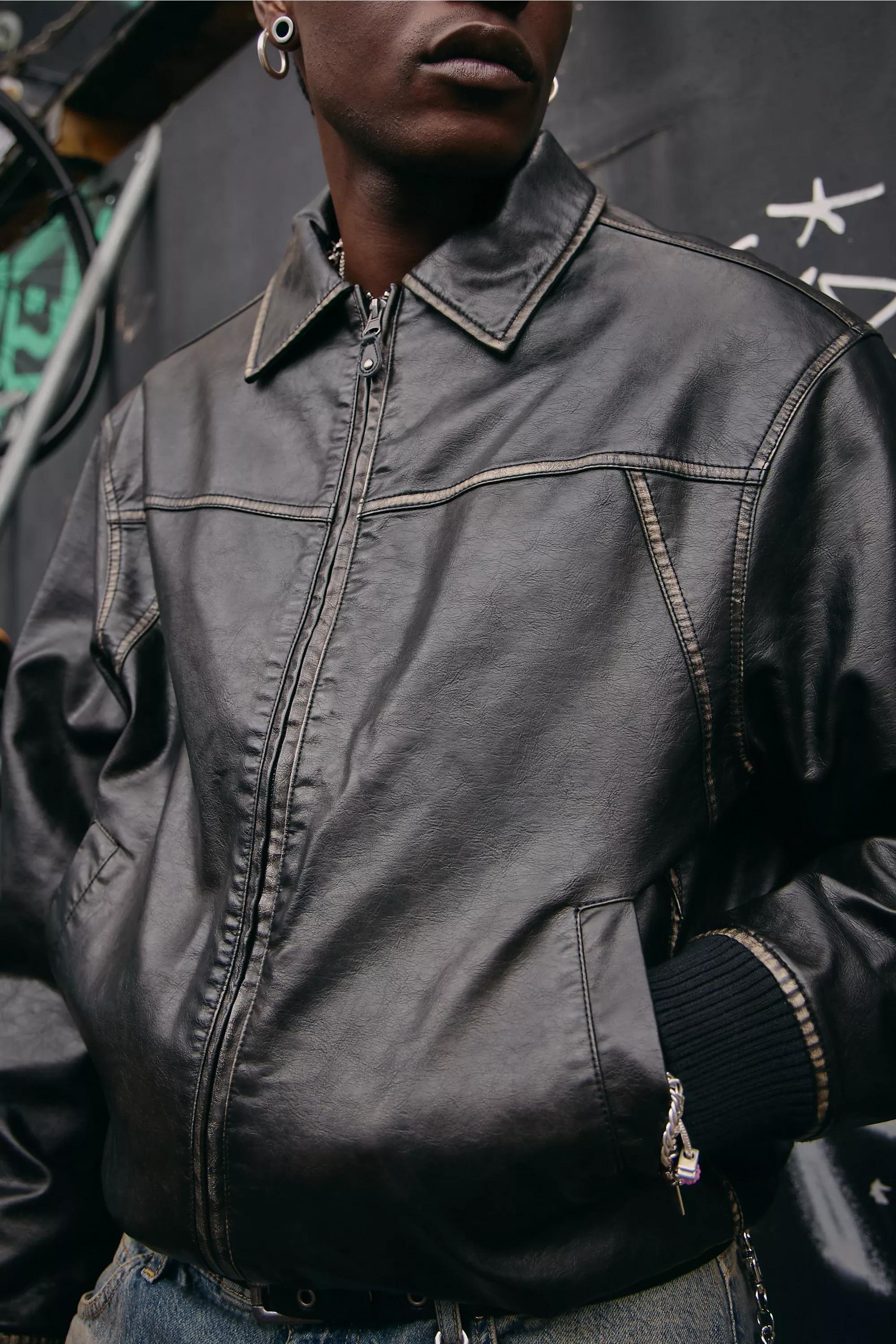 Black Bdg Washed Faux Leather Jacket, BLK, large image number 3
