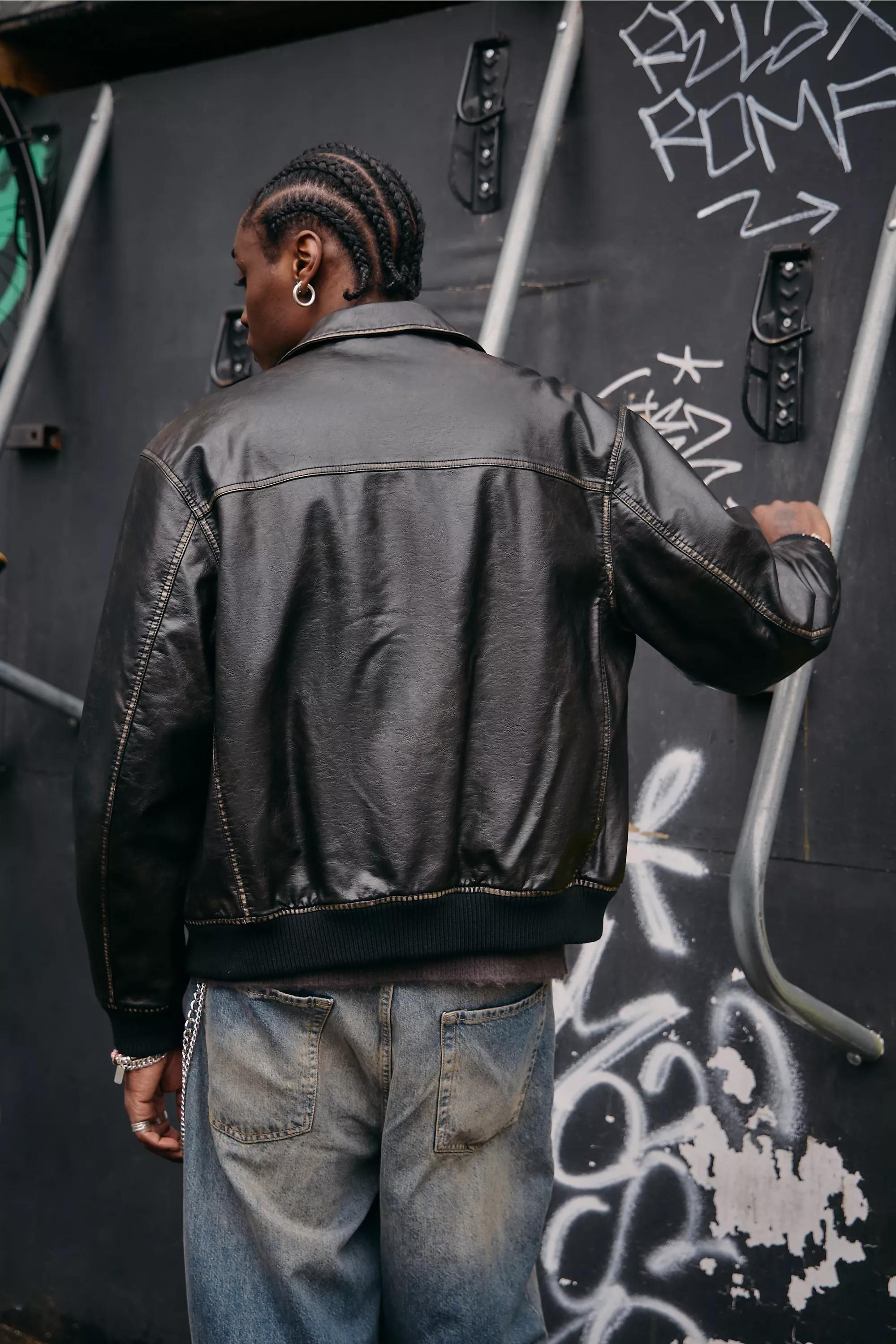 Black Bdg Washed Faux Leather Jacket, BLK, large image number 4