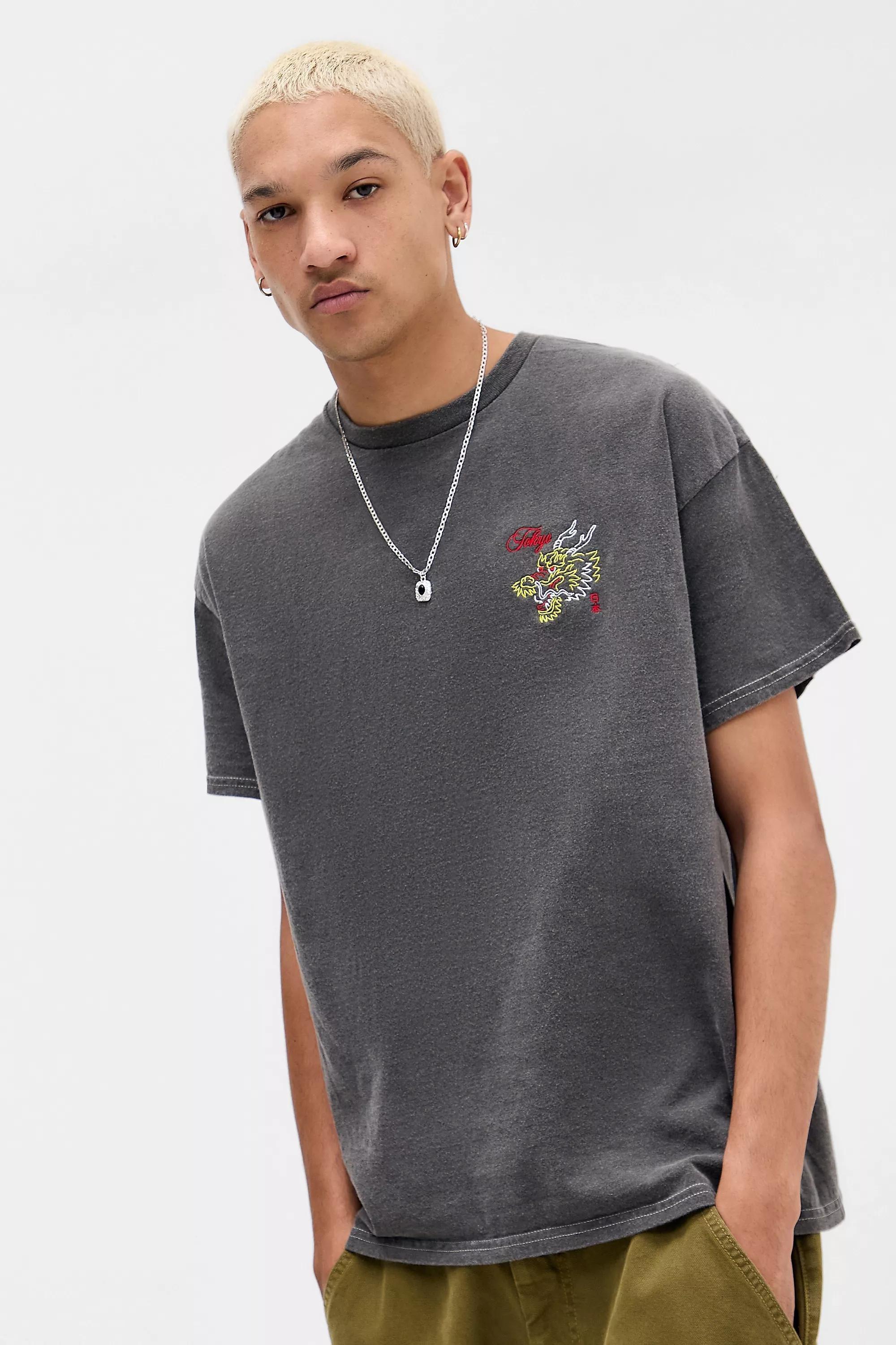 Grey Uo Printed Embroidered Motif T-Shirt, BLK, large image number 0