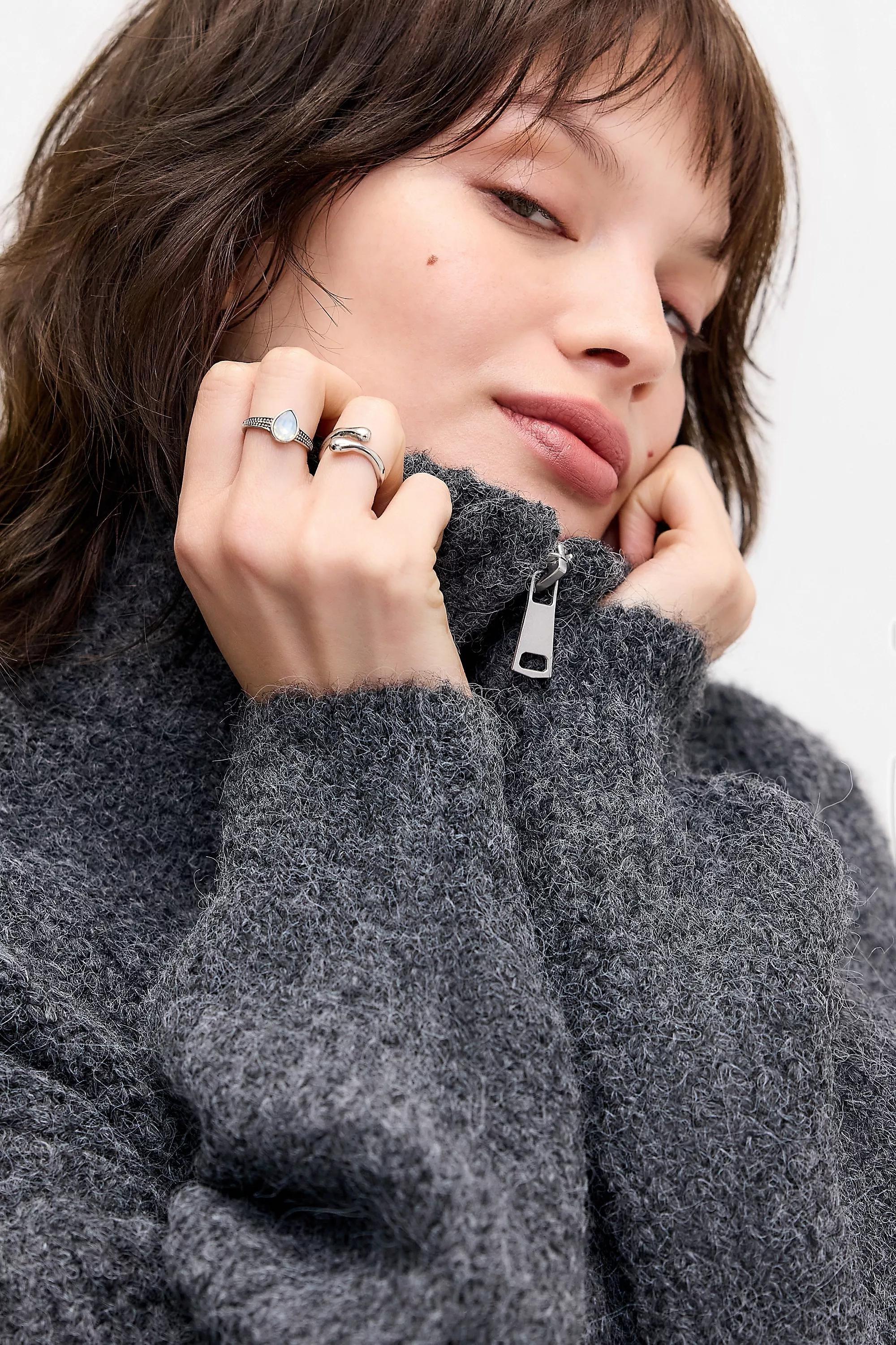 Grey Uo Funnel Neck Zip-Through Cardigan, GREY, large image number 1