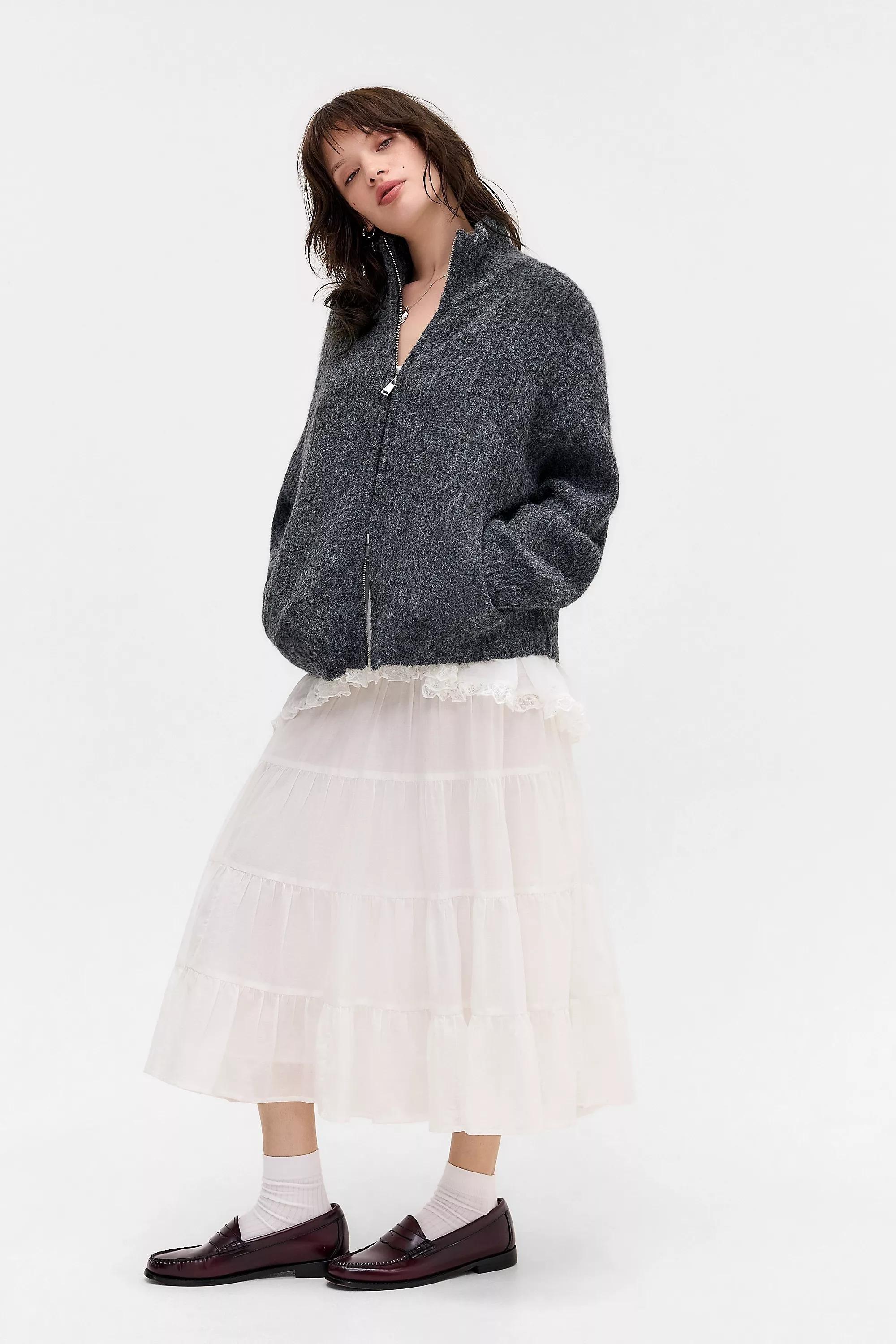 Grey Uo Funnel Neck Zip-Through Cardigan, GREY, large image number 2