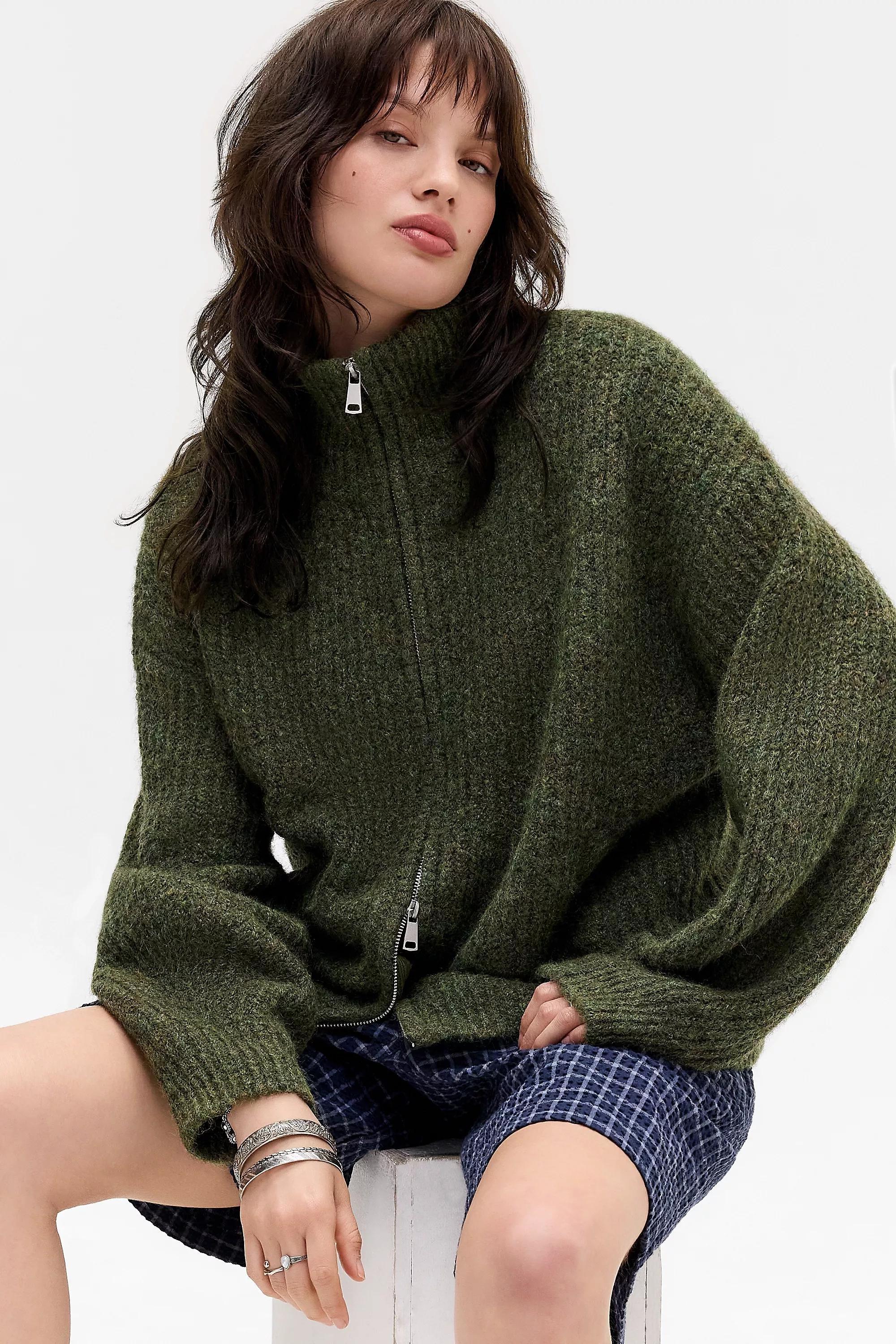 Khaki Uo Funnel Neck Zip-Through Cardigan, KHAKI, large image number 0