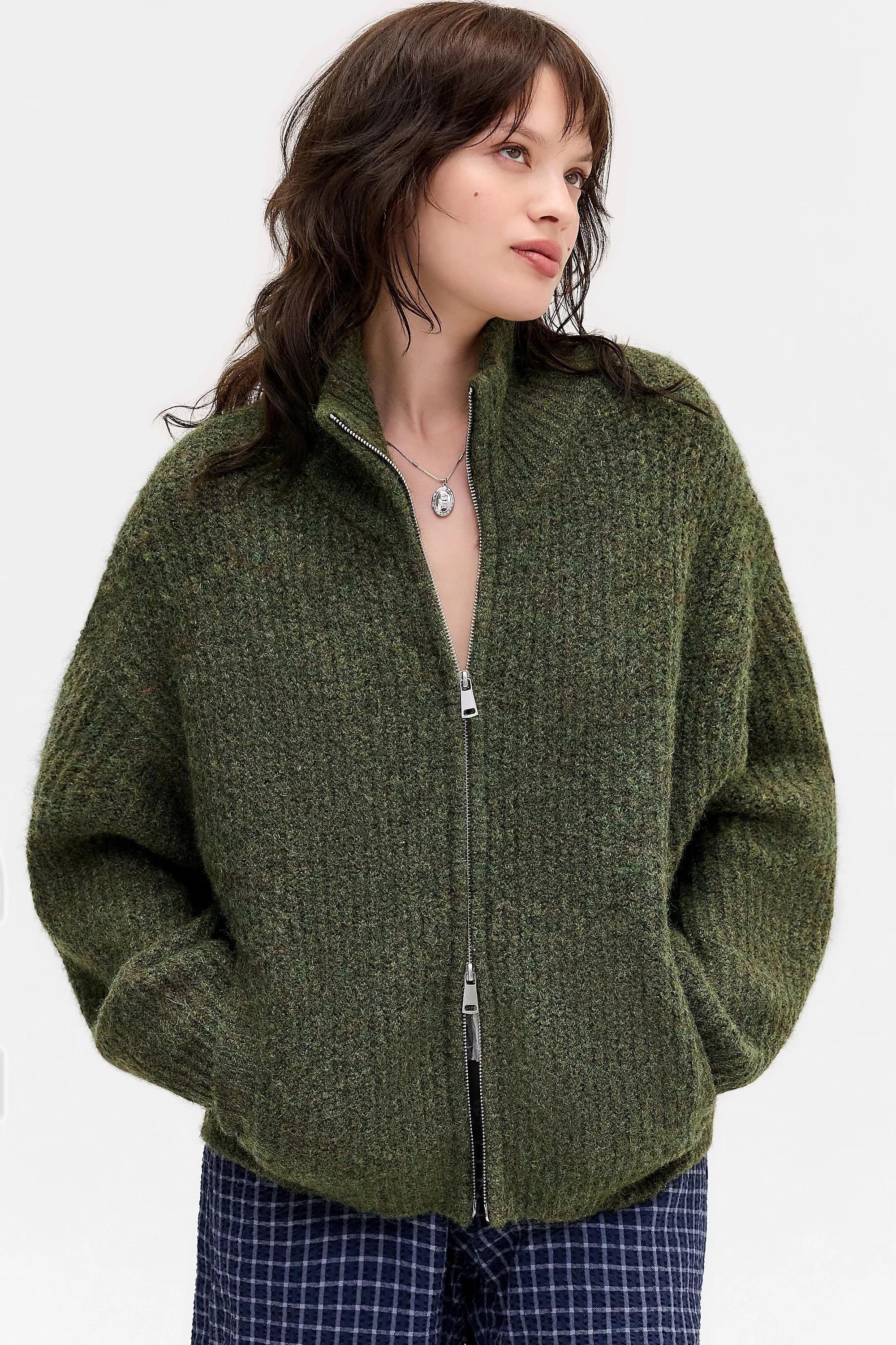 Khaki Uo Funnel Neck Zip-Through Cardigan, KHAKI, large image number 3