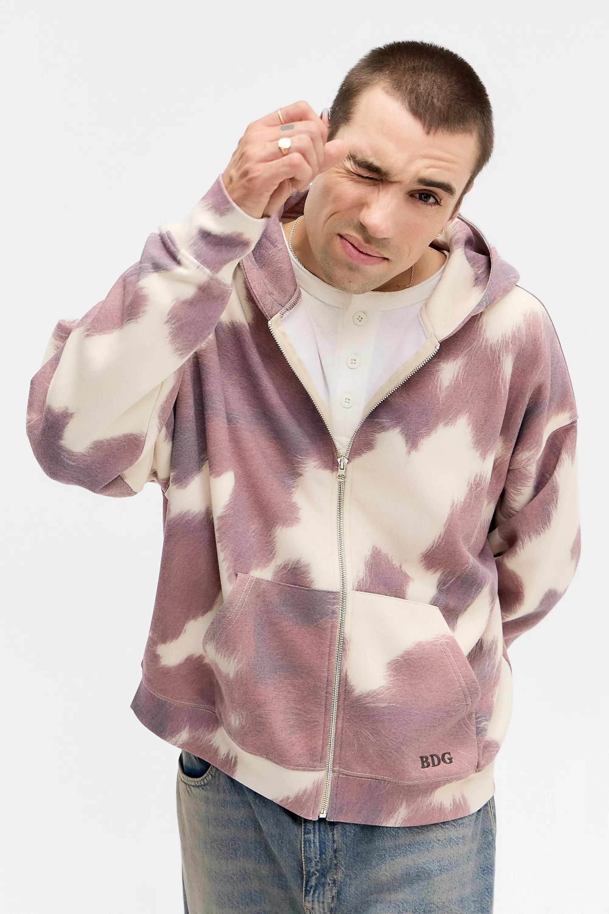 BDG Cow Print Zip Hoodie, , medium