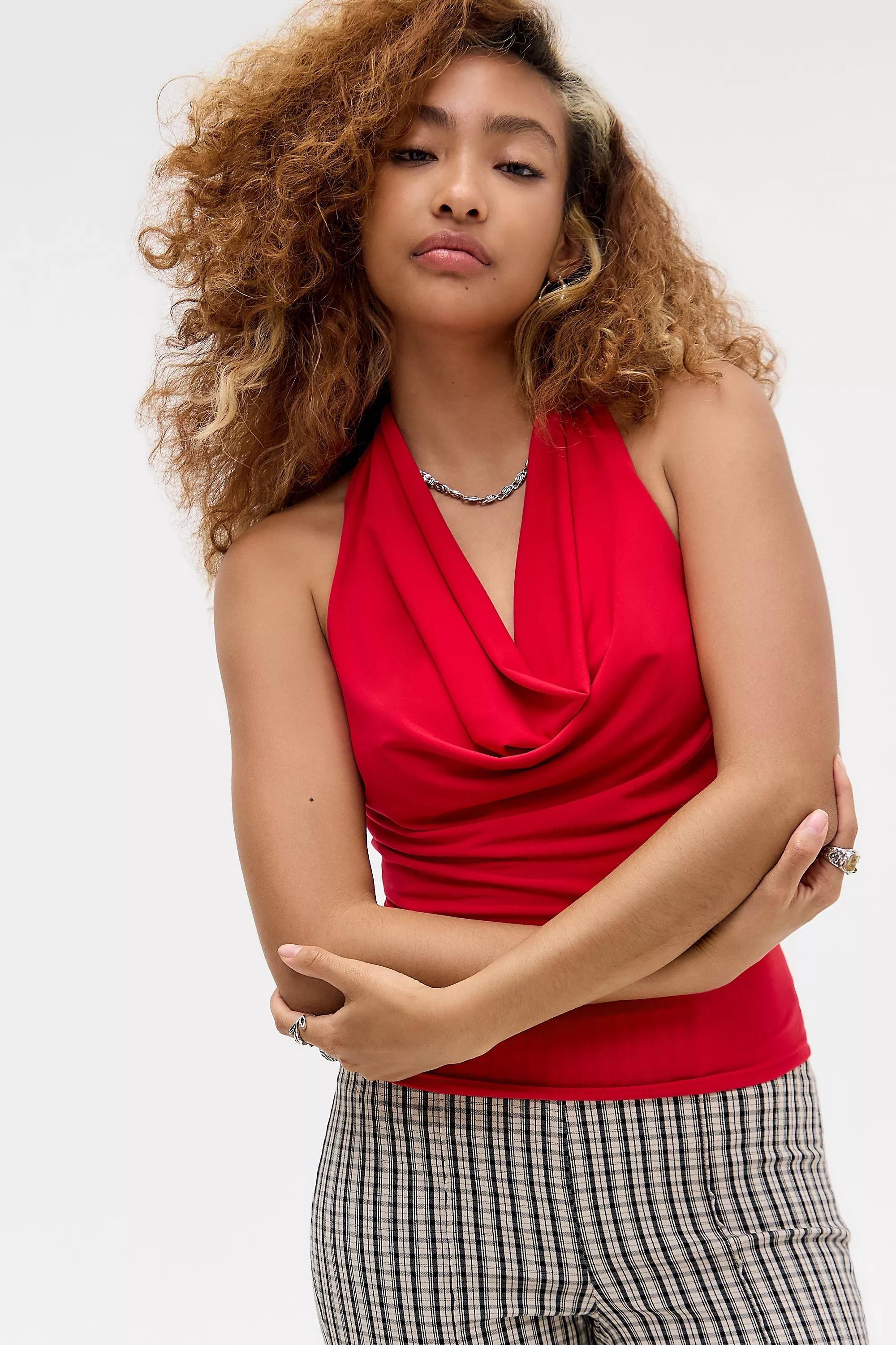 RED Silence + Noise Coyote Cowl Halter Top, RED, medium