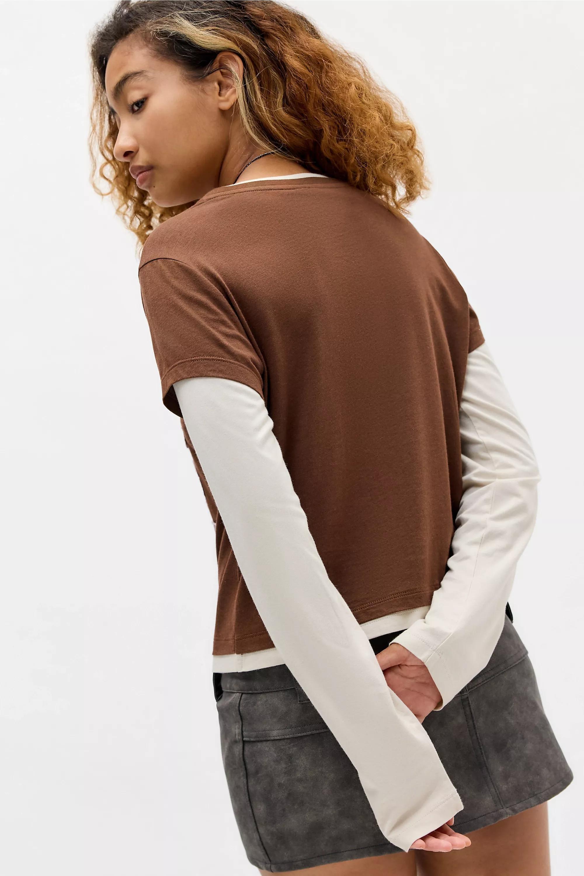 BROWN Bench UO Exclusive Genni Double Layer T-Shirt, BRN, large image number 3