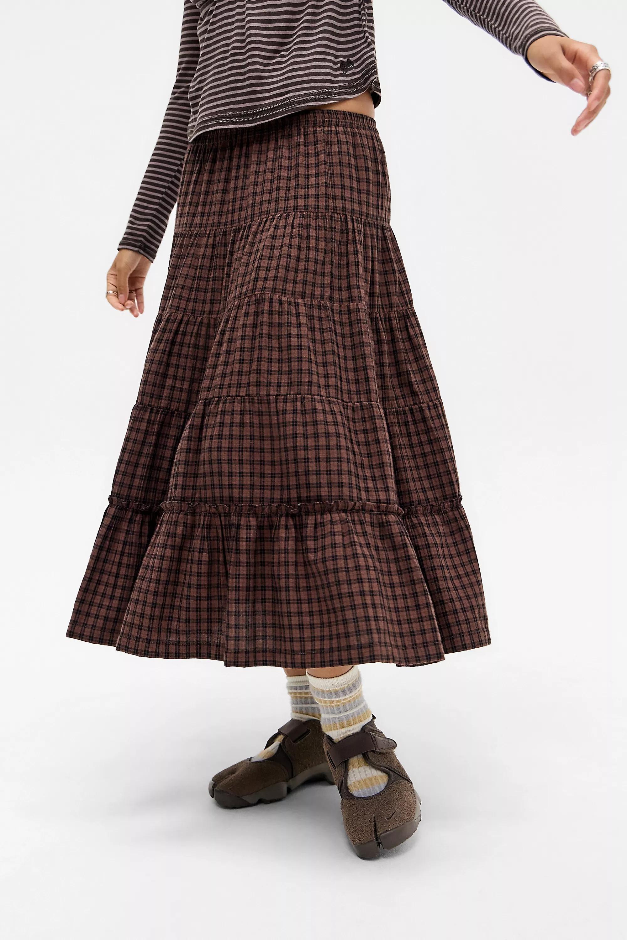 Brown Kimchi Blue Betty Check Midi Skirt, BRN, large image number 0