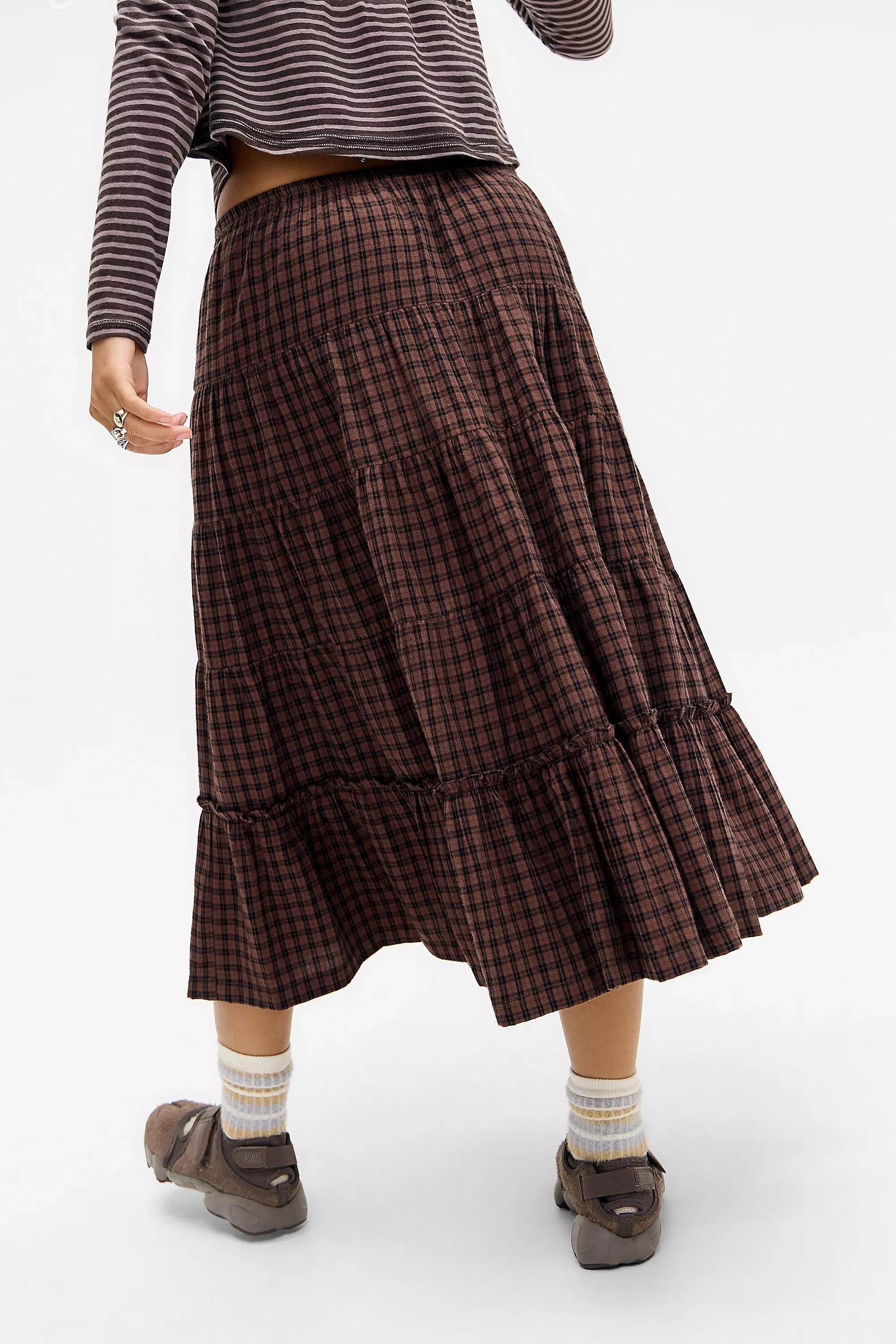 Brown Kimchi Blue Betty Check Midi Skirt, BRN, large image number 3