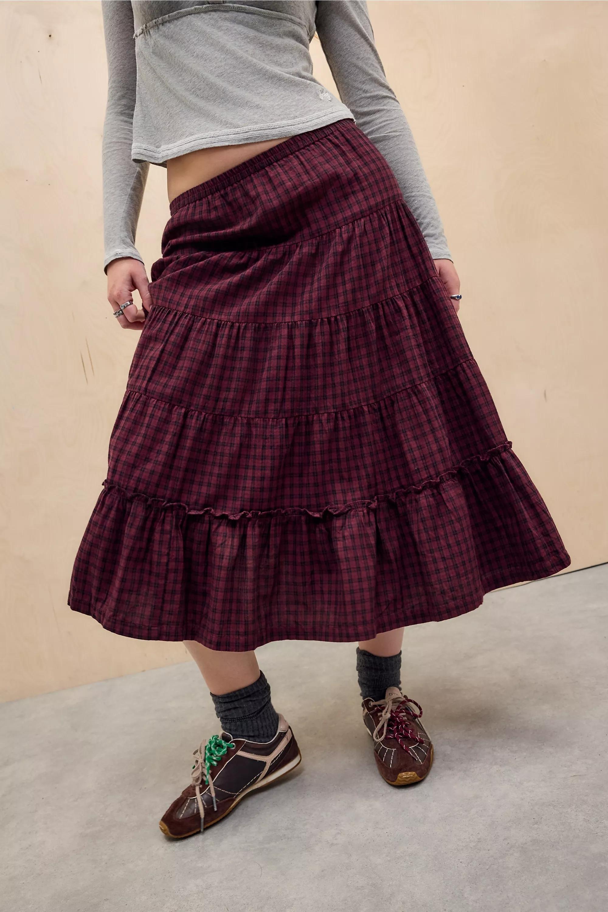DARK RED Kimchi Blue Betty Check Midi Skirt, DK RED, large image number 0