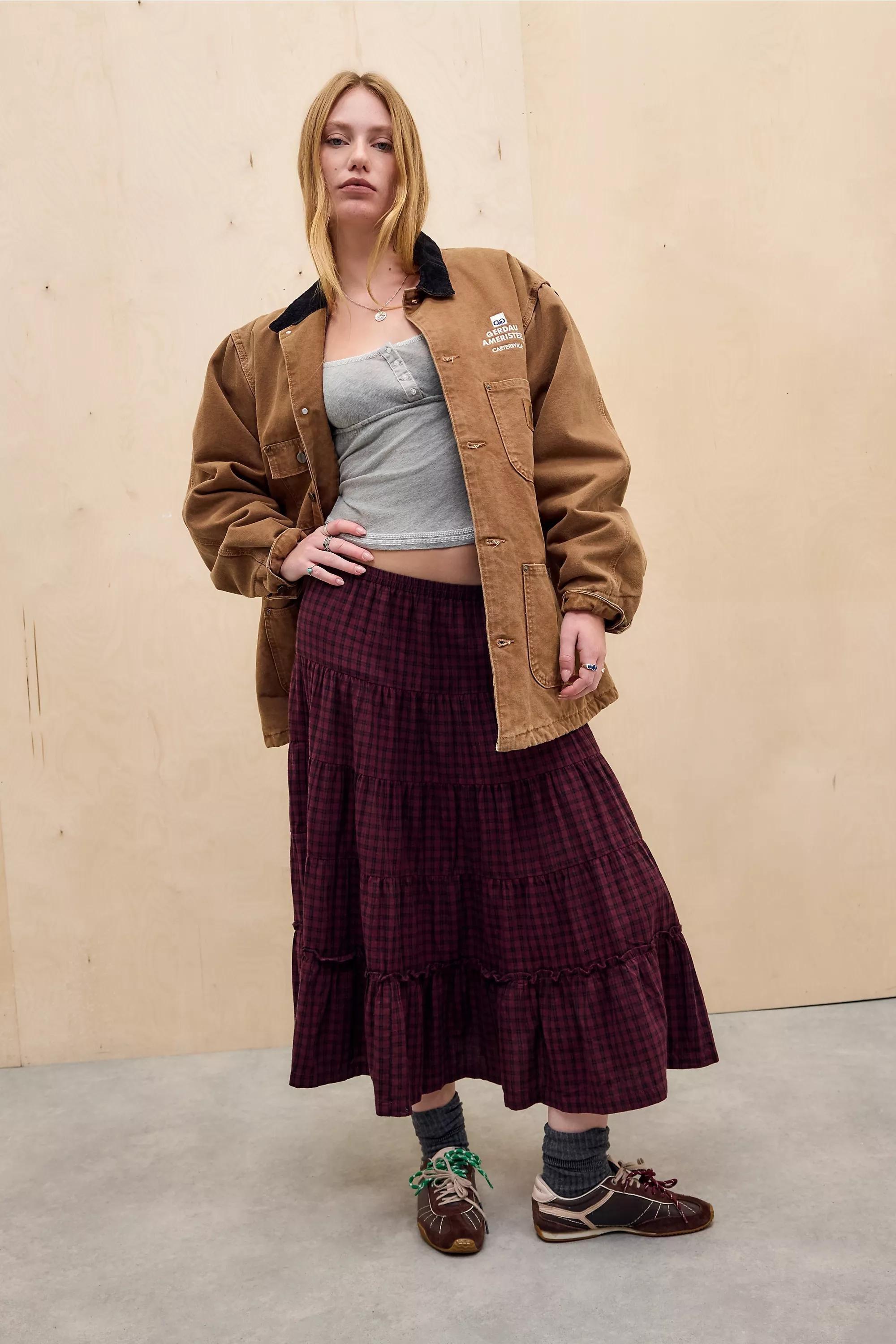 DARK RED Kimchi Blue Betty Check Midi Skirt, DK RED, large image number 1