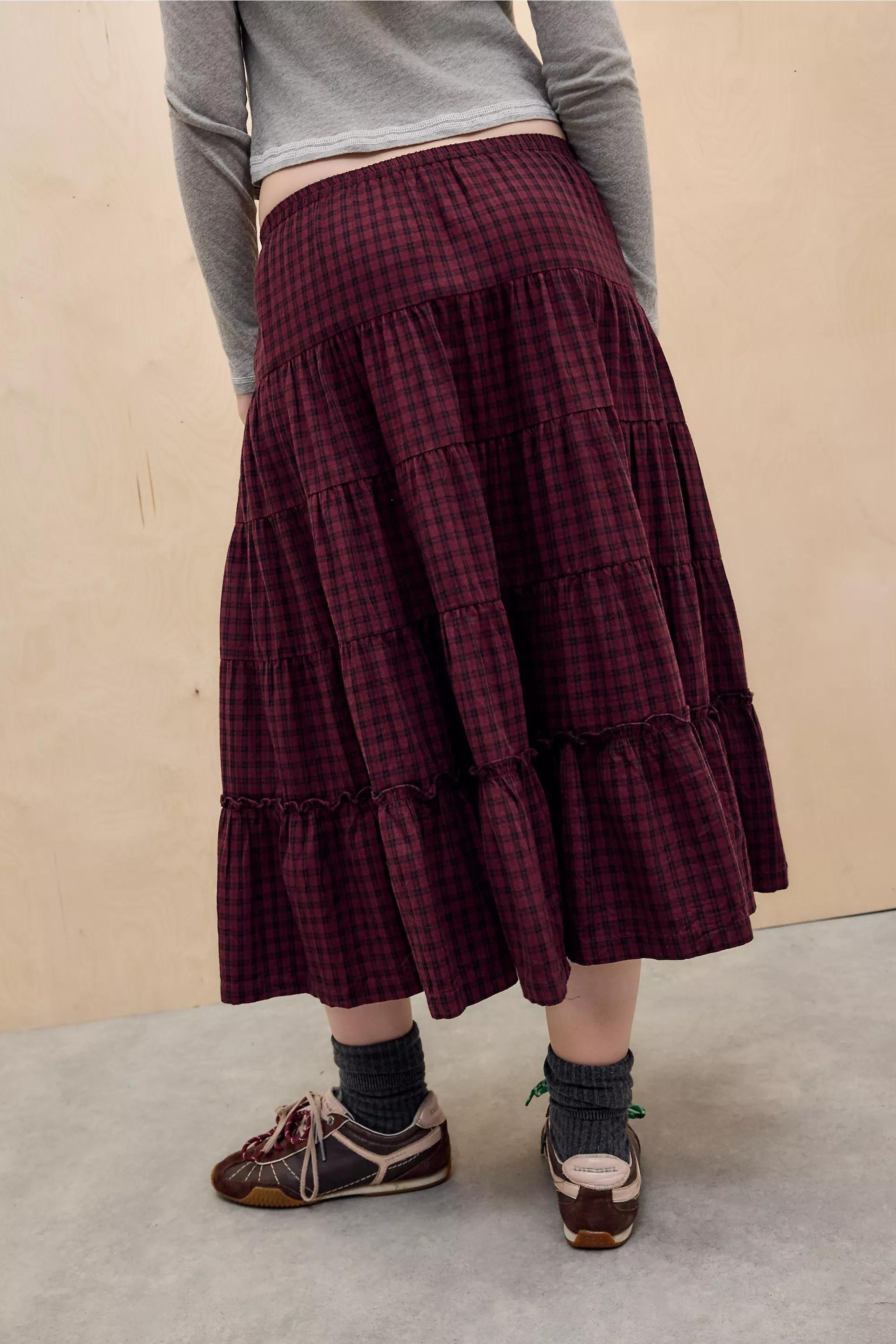 DARK RED Kimchi Blue Betty Check Midi Skirt, DK RED, large image number 3