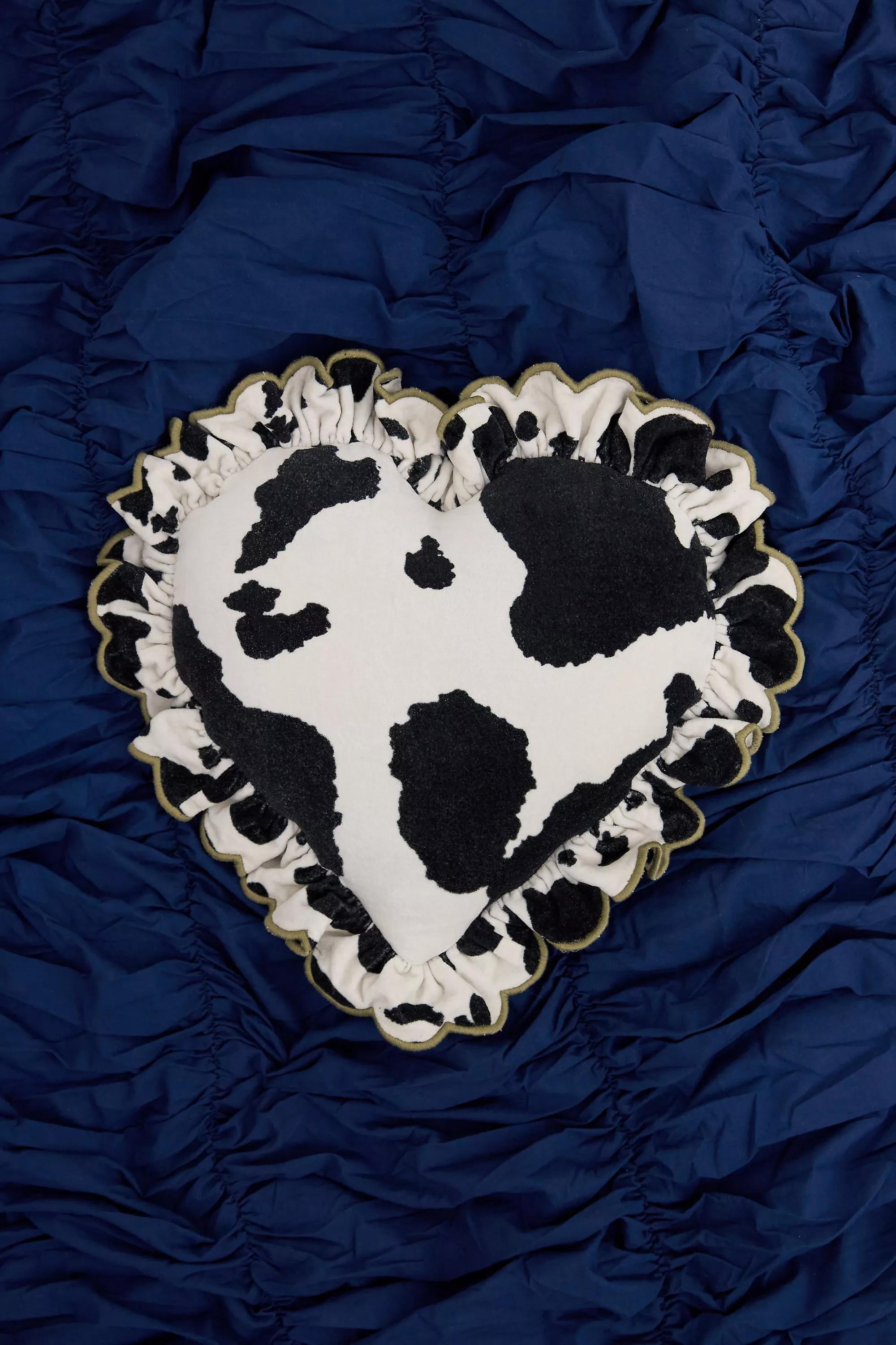 Multicolour Cow Print Ruffle Heart Cushion, B&W, medium