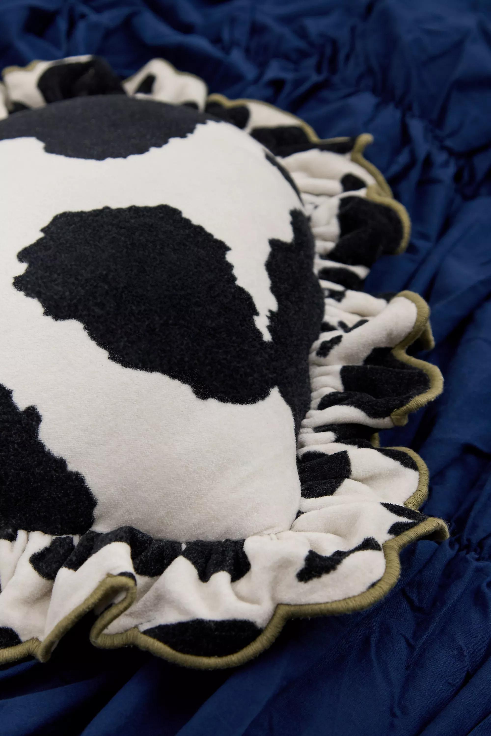 Multicolour Cow Print Ruffle Heart Cushion, B&W, large image number 1