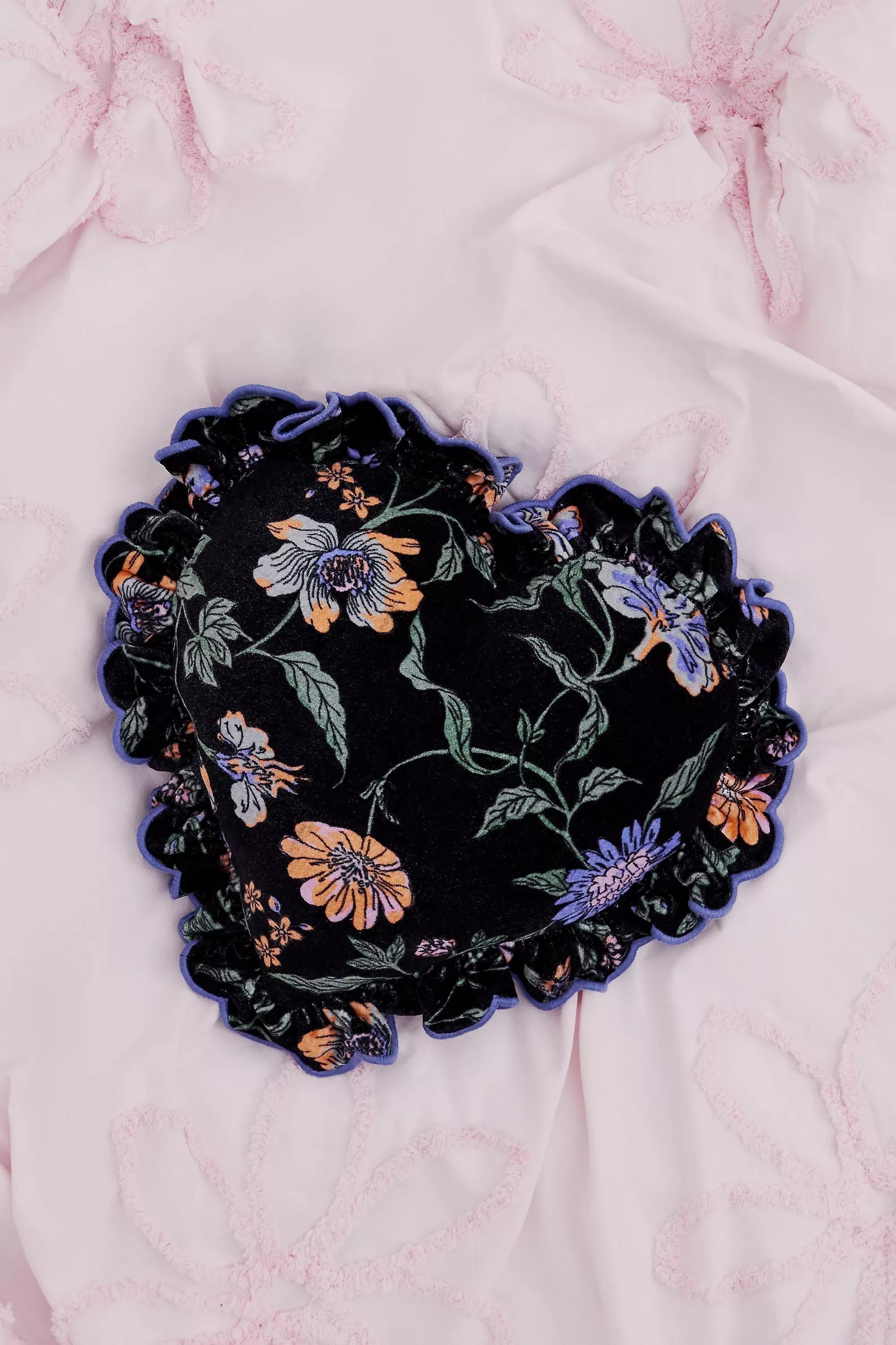 Black Ella Vine Heart Ruffle Cushion, BLK, large image number 0