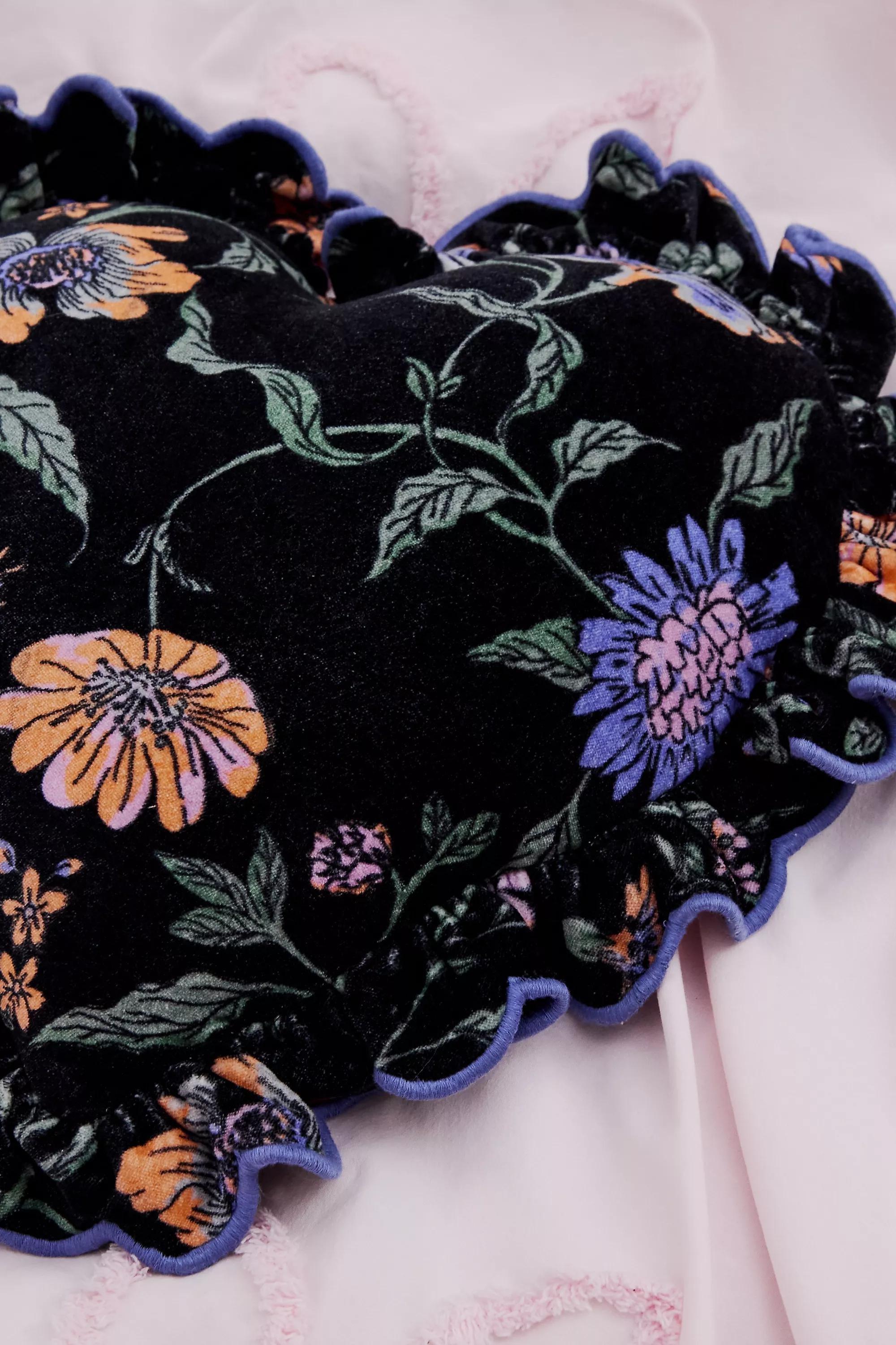 Black Ella Vine Heart Ruffle Cushion, BLK, large image number 1