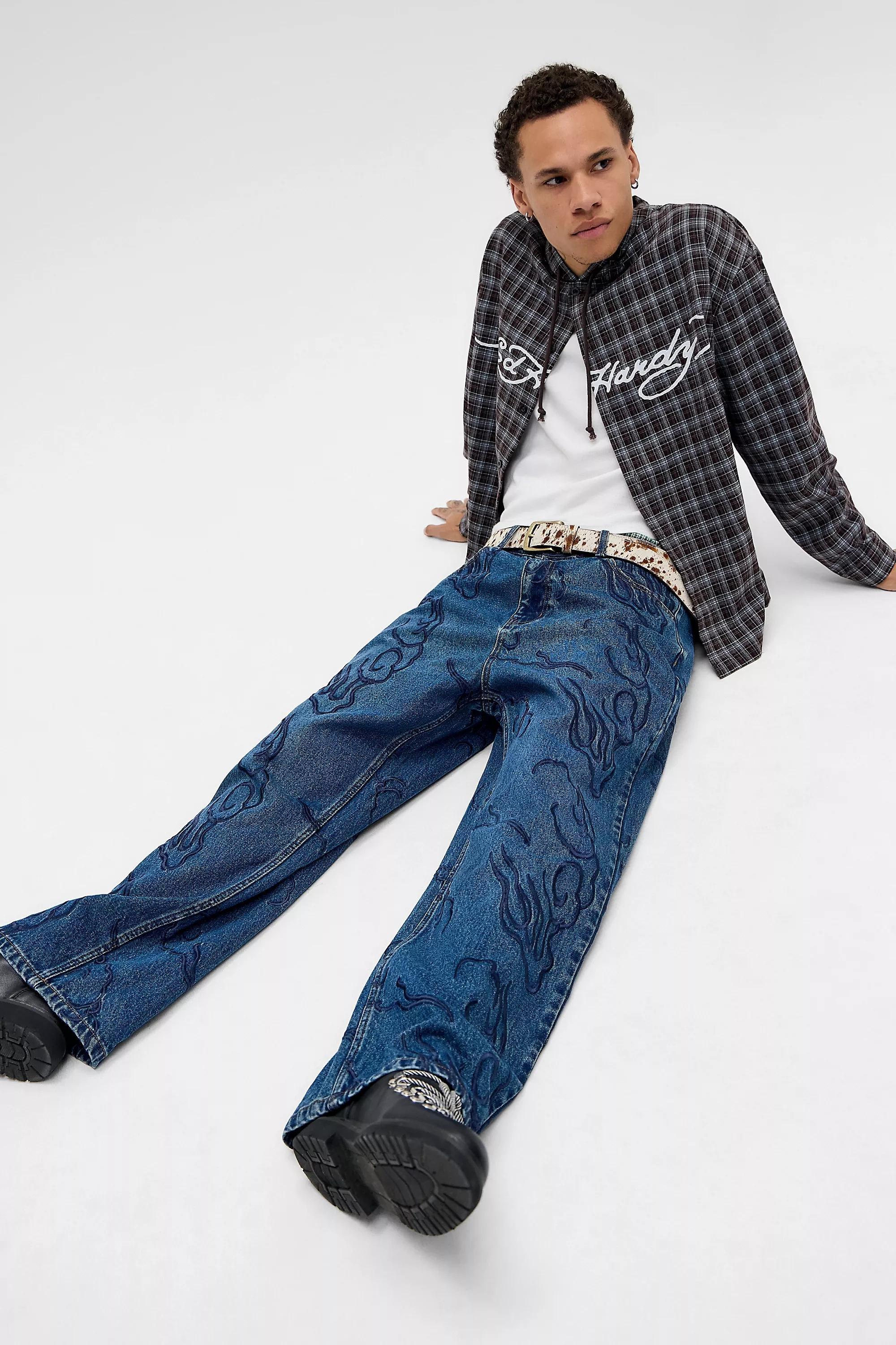 Blue Ed Hardy Embroidered Jeans, DENIM L, large image number 3