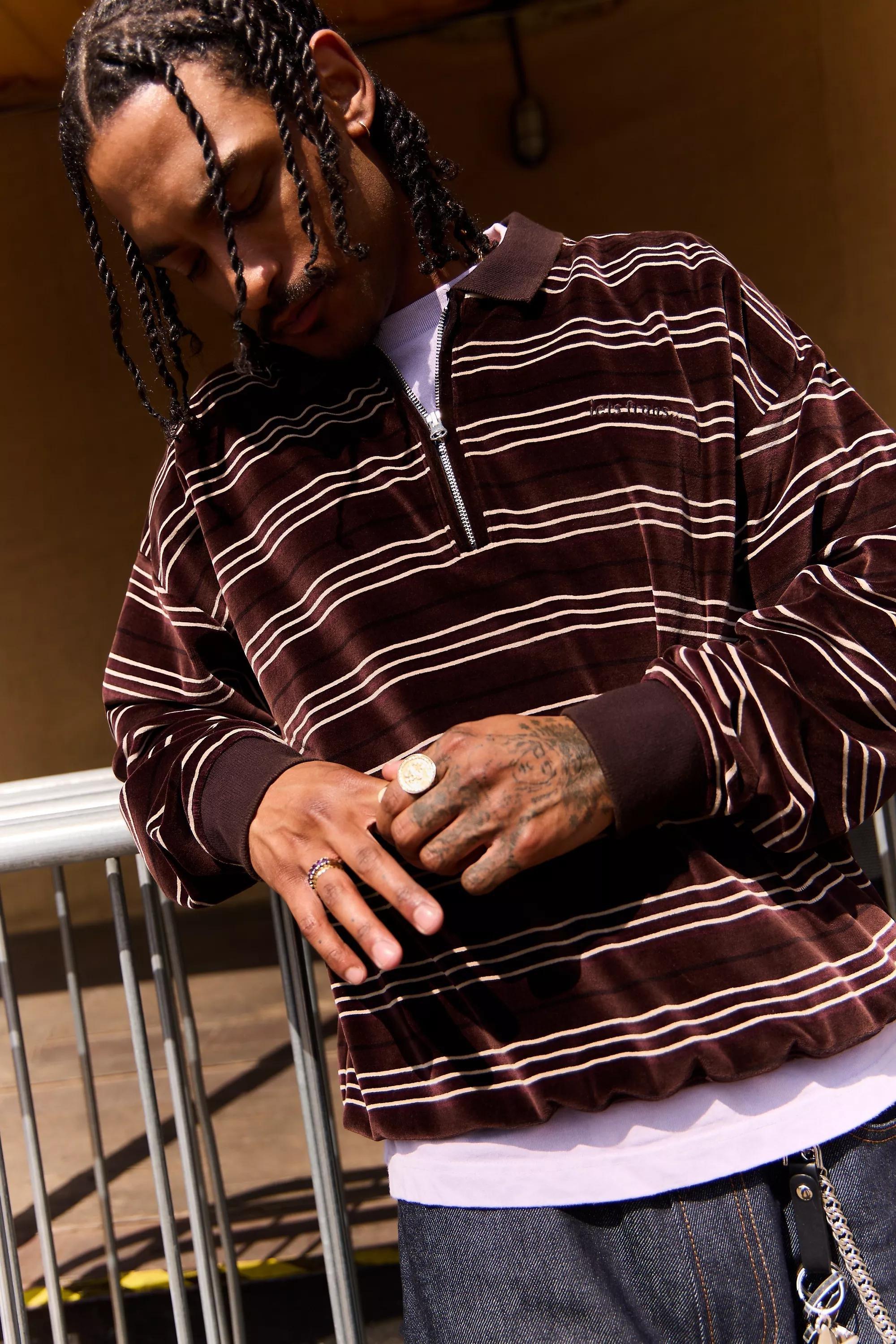 BROWN iets frans... Brown Stripe Velour Polo Shirt, BRN, medium