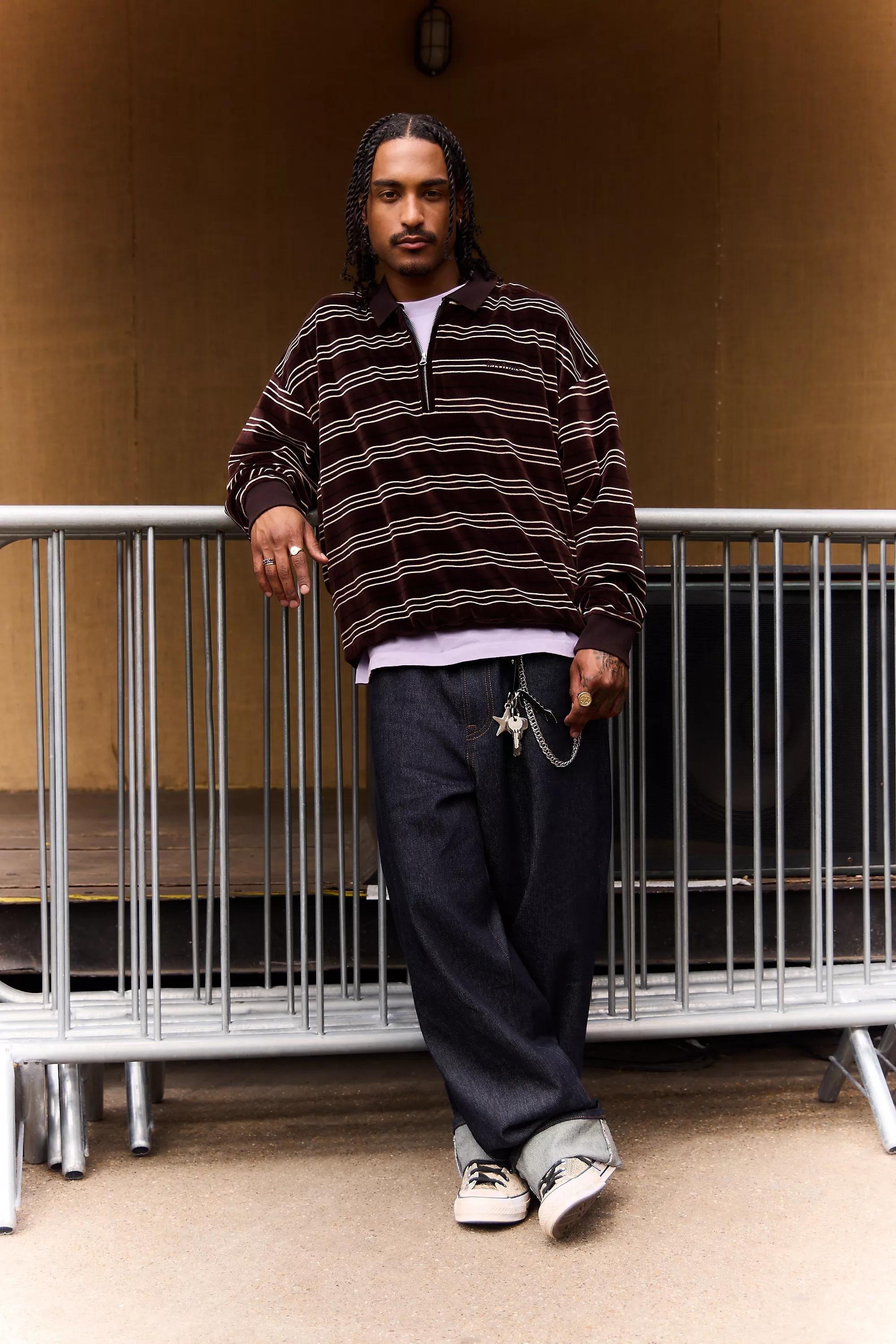 BROWN iets frans... Brown Stripe Velour Polo Shirt, BRN, medium