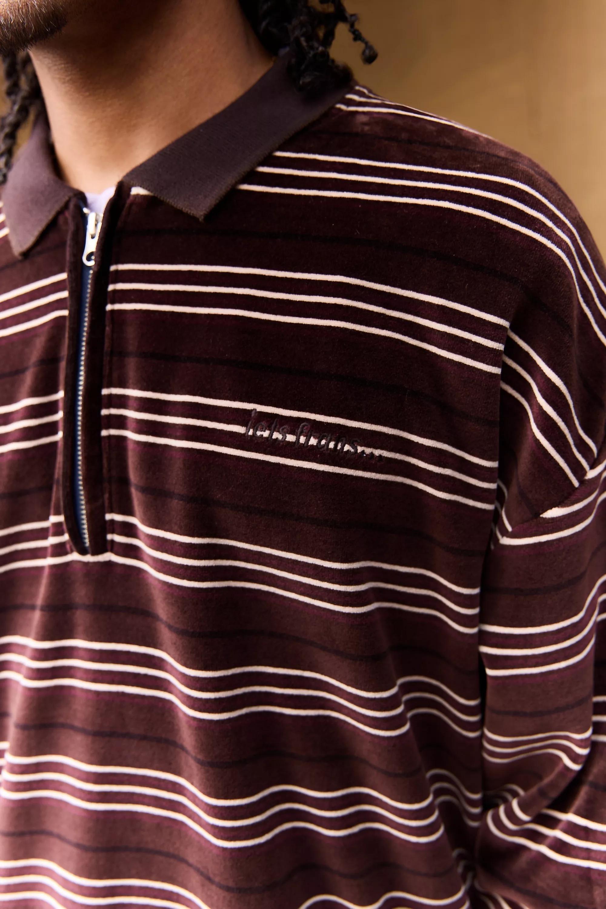 BROWN iets frans... Brown Stripe Velour Polo Shirt, BRN, large image number 2