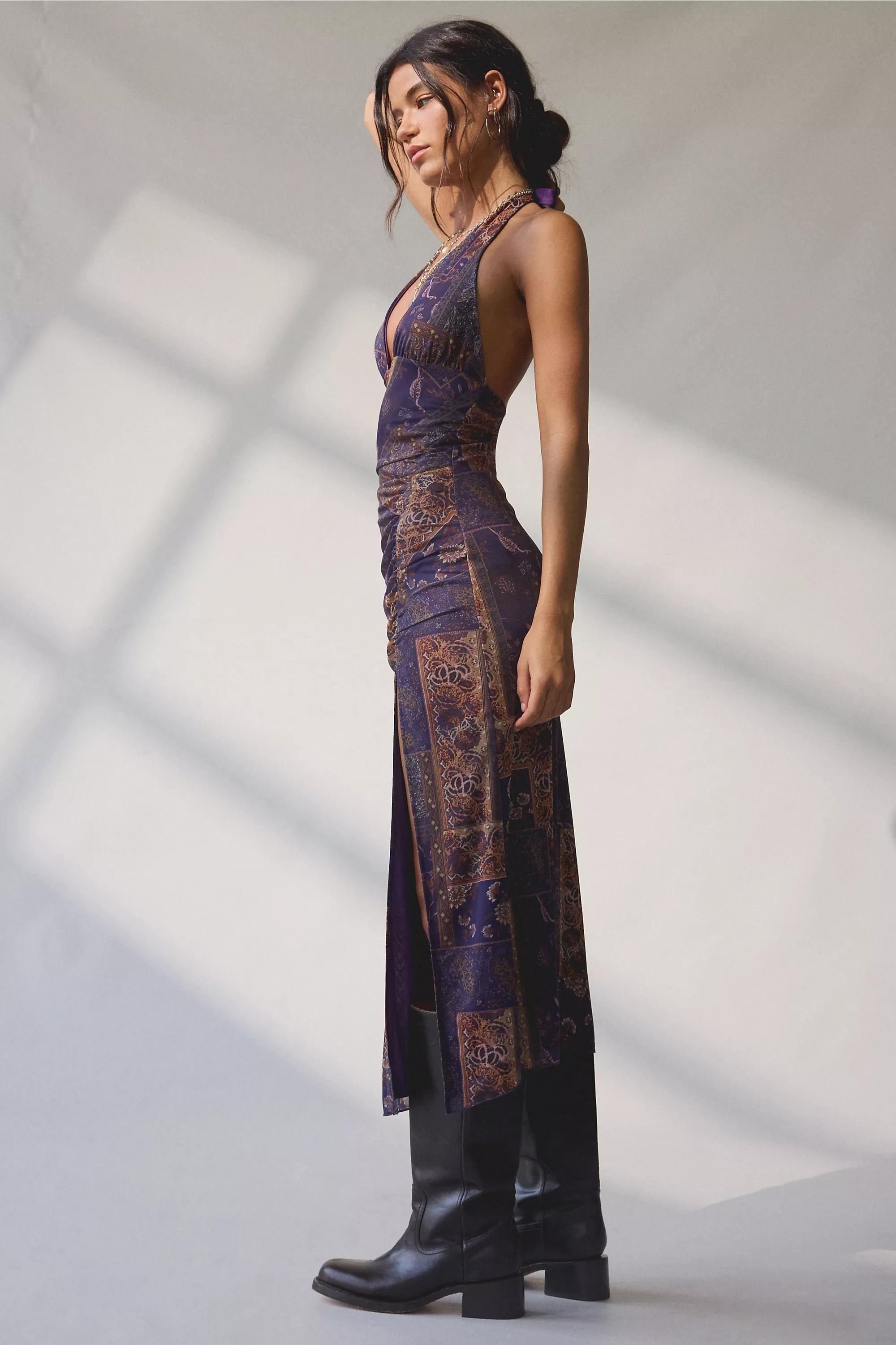 Purple Uo Juno Plunge Halter Midi Dress, BL MOTIF, large image number 2