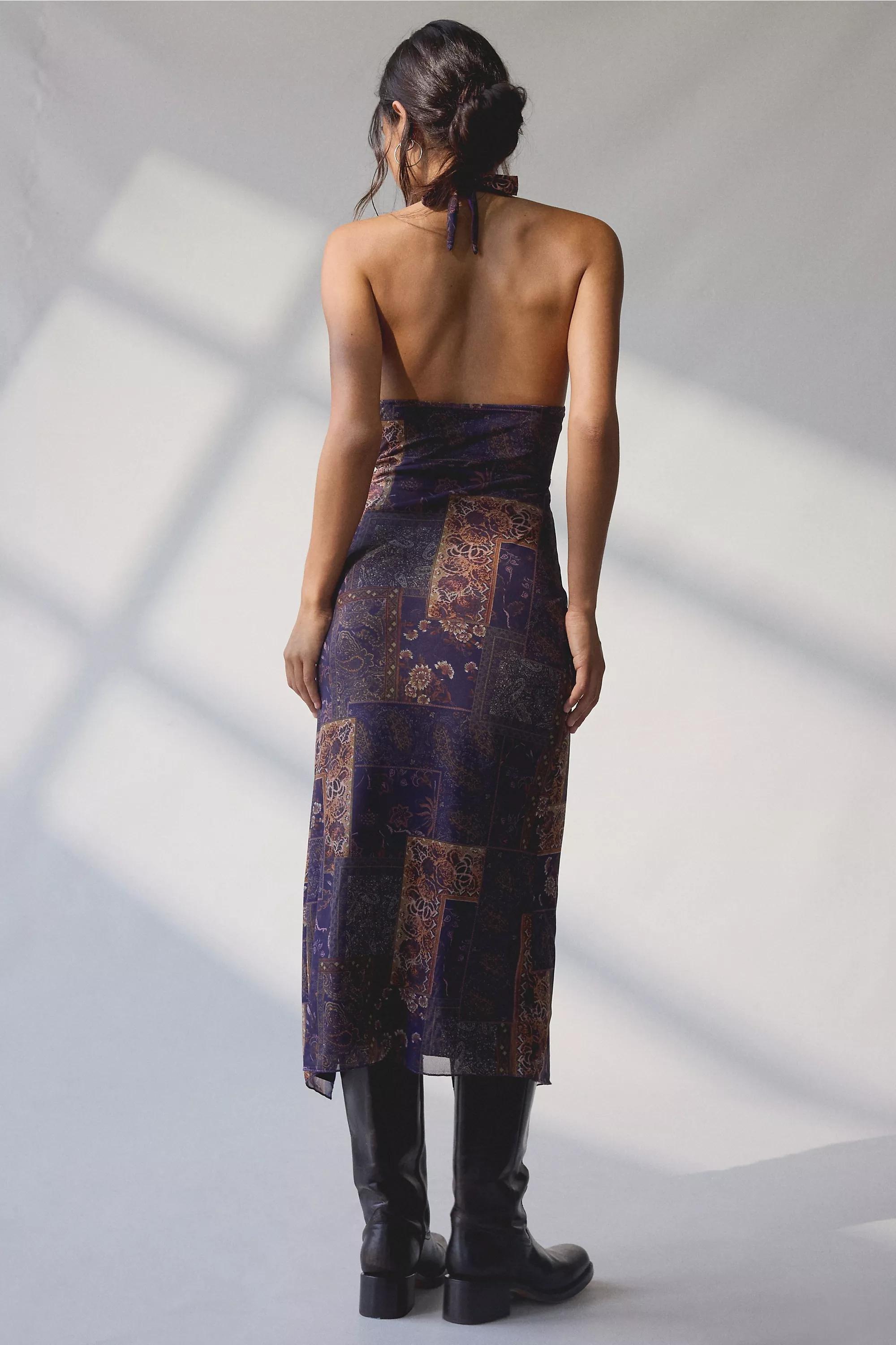 Purple Uo Juno Plunge Halter Midi Dress, BL MOTIF, large image number 3