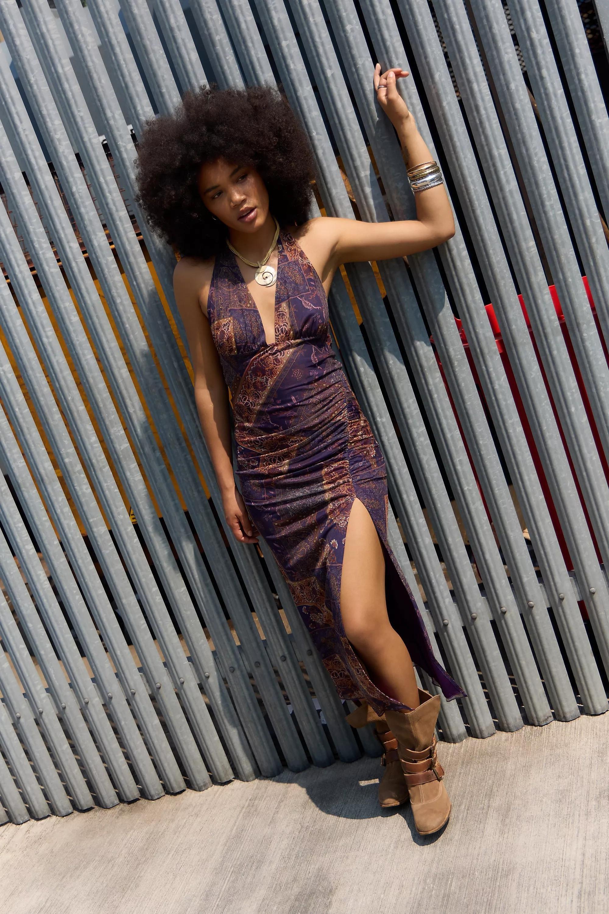 Purple Uo Juno Plunge Halter Midi Dress, BL MOTIF, large image number 4