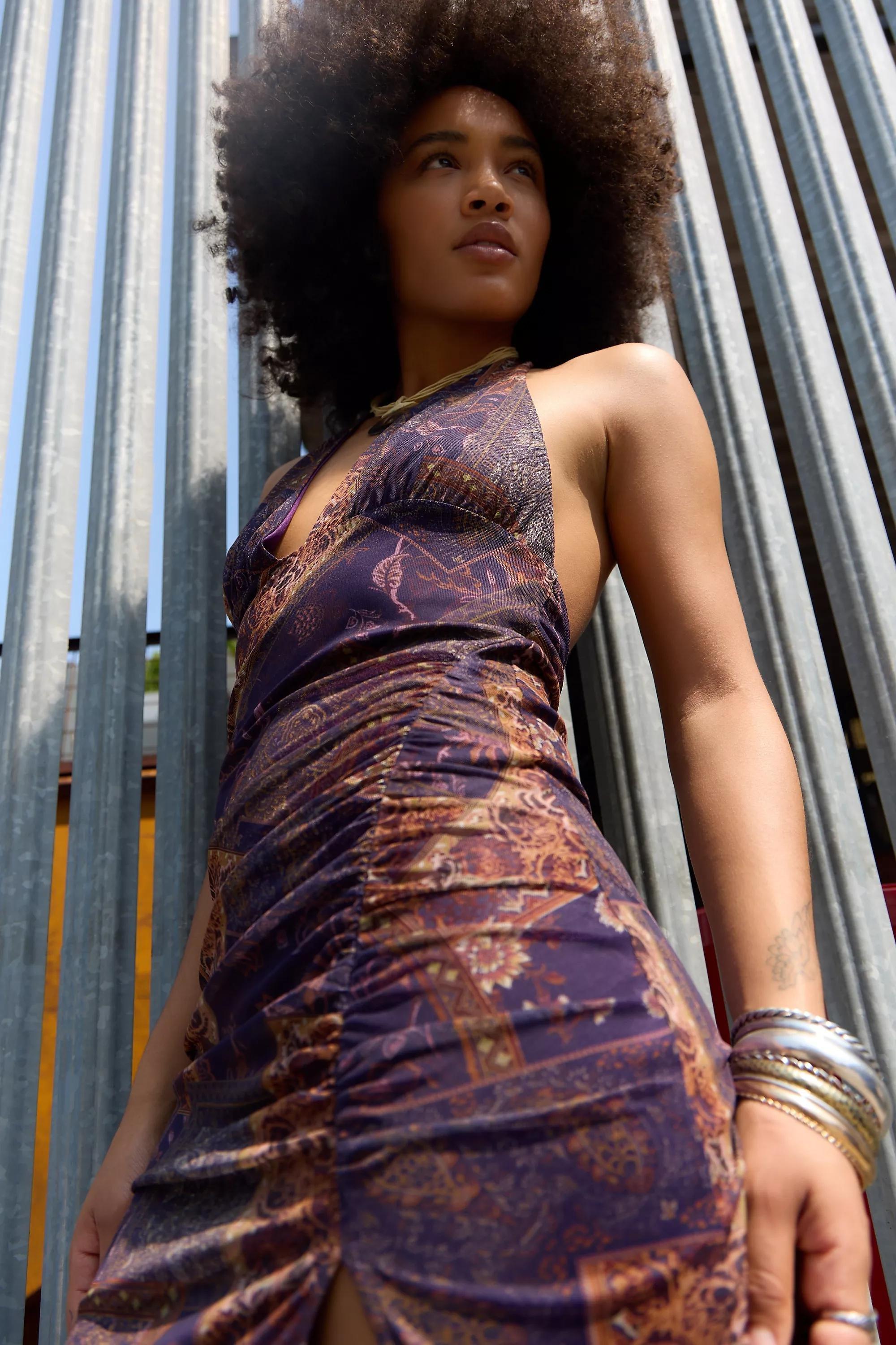 Purple Uo Juno Plunge Halter Midi Dress, BL MOTIF, large image number 5