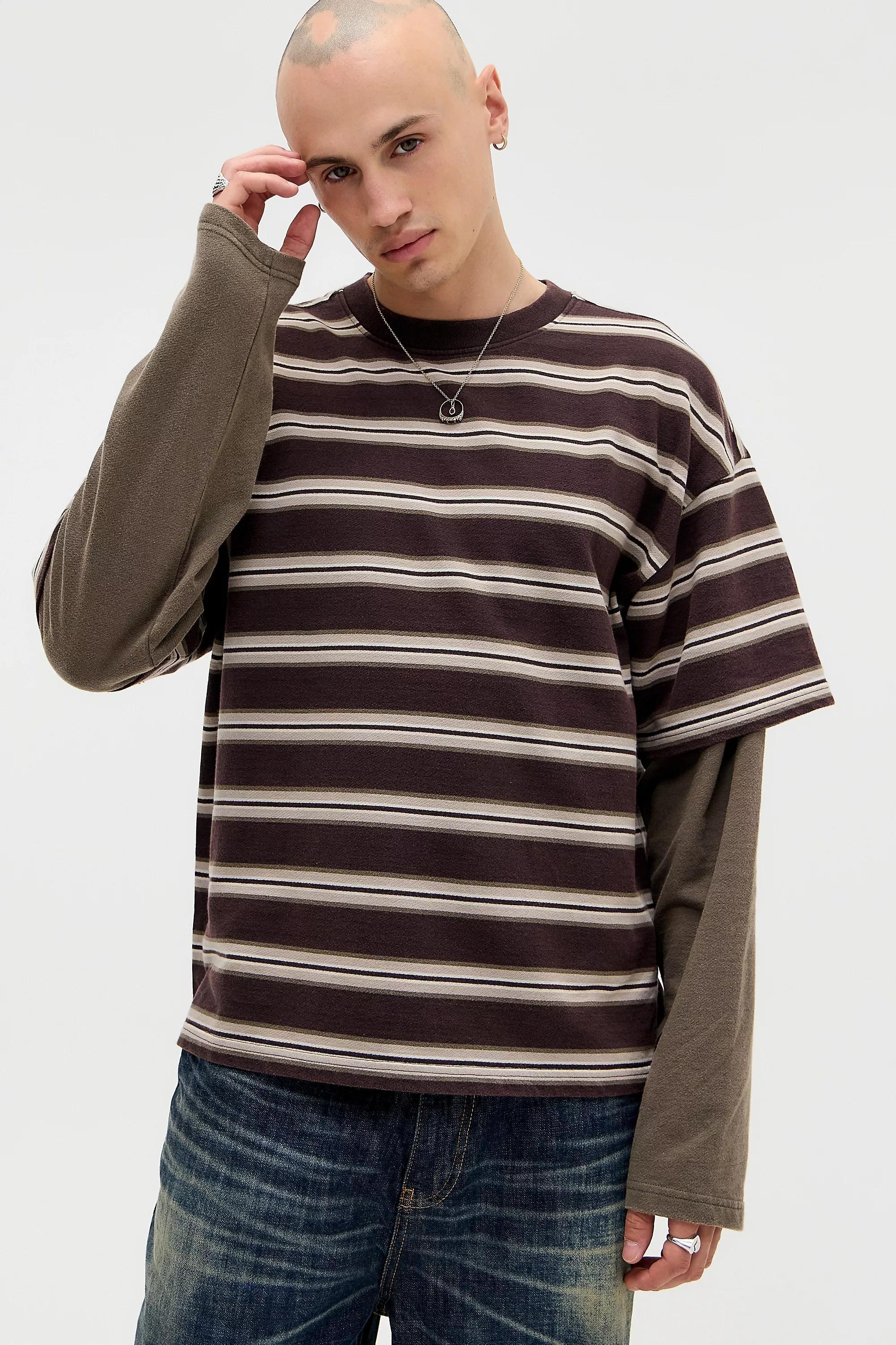 Brown Bdg Brown Double Layer Striped T-Shirt, BRN, large image number 0