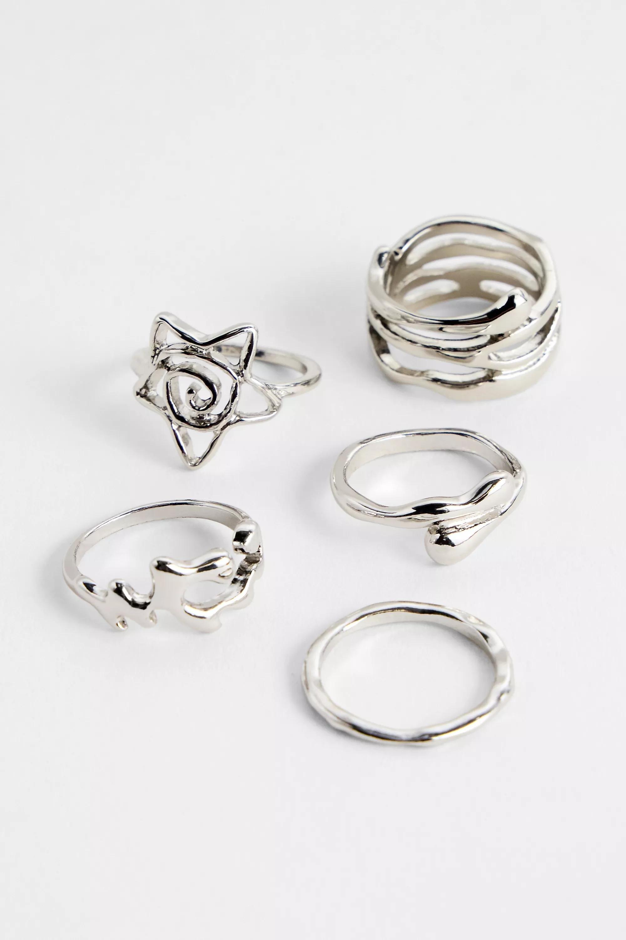 SILVER Silence + Noise Swirl Star Ring 5-Pack, SLVR, medium