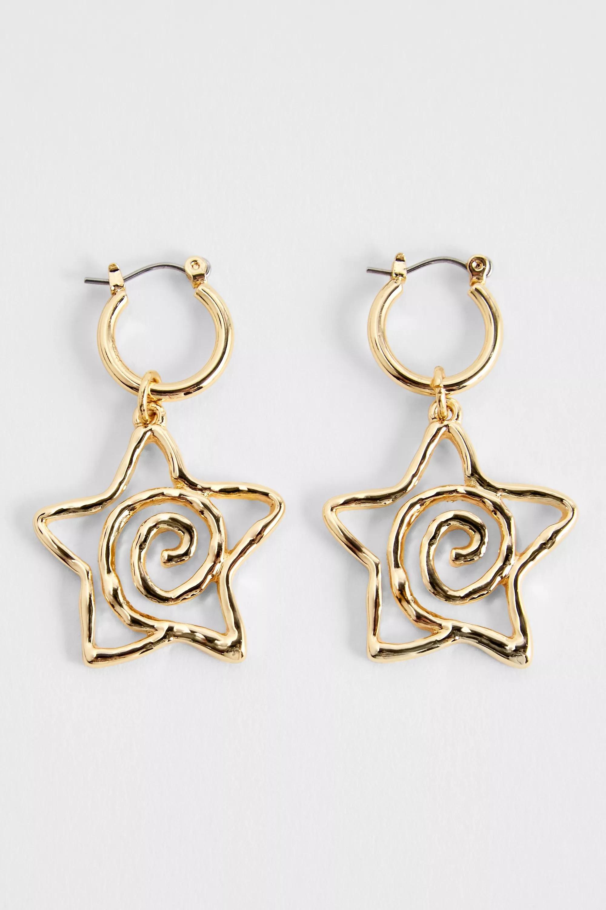 Gold Uo Swirl Star Hoops, GOLD, large image number 1