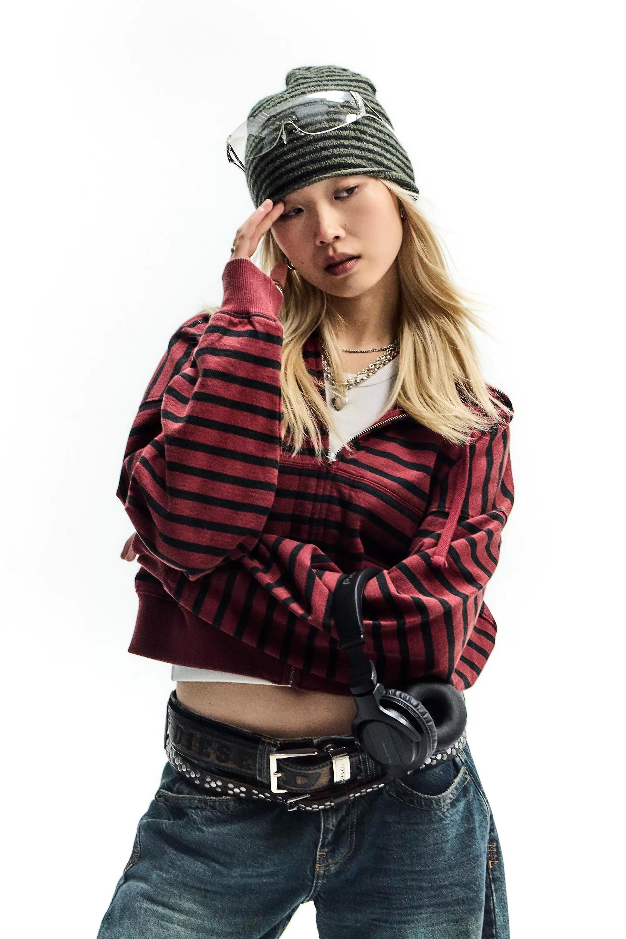 Burgundy Bdg Easy Striped Hoodie, DK RED, large image number 1