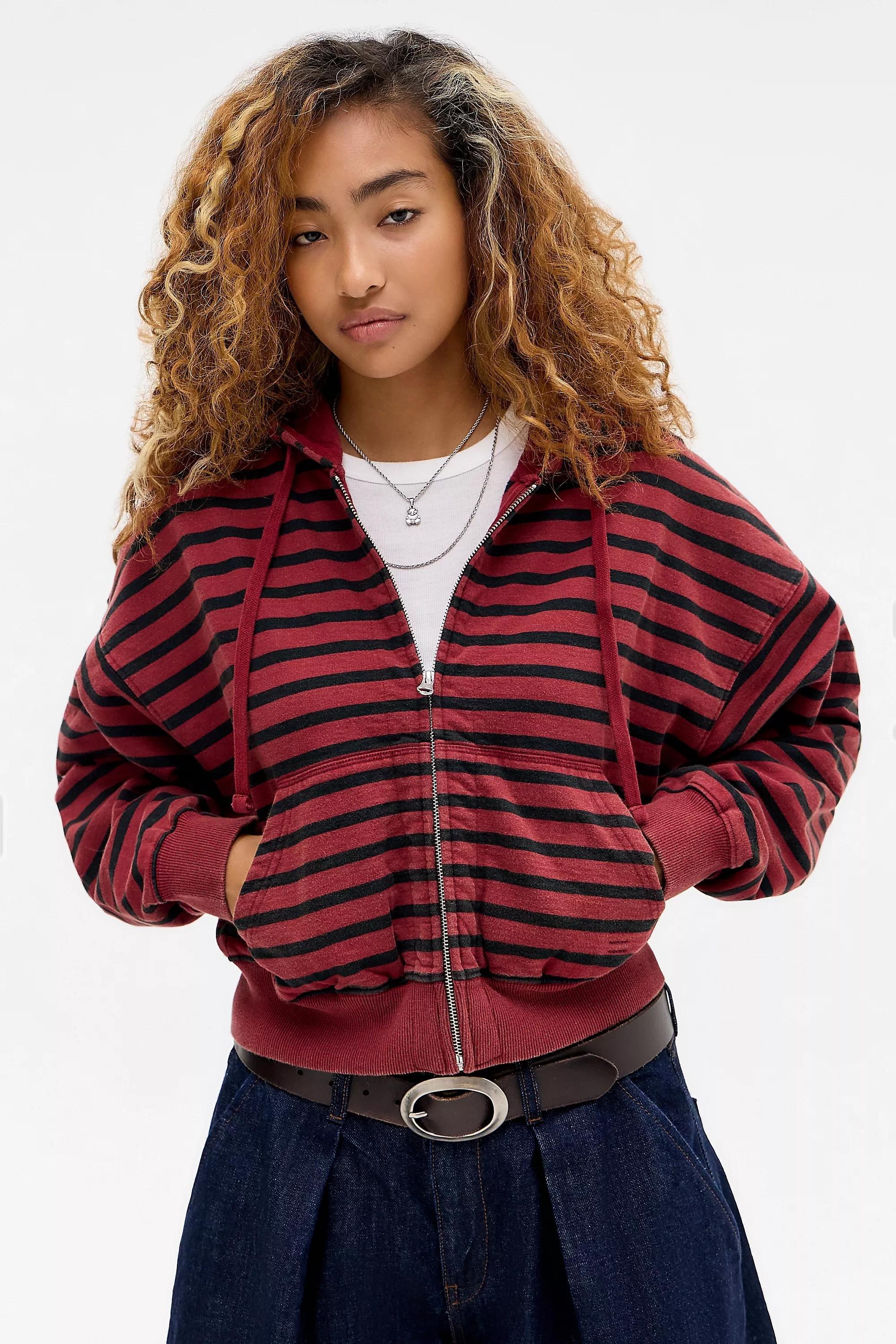 Burgundy Bdg Easy Striped Hoodie, DK RED, large image number 2