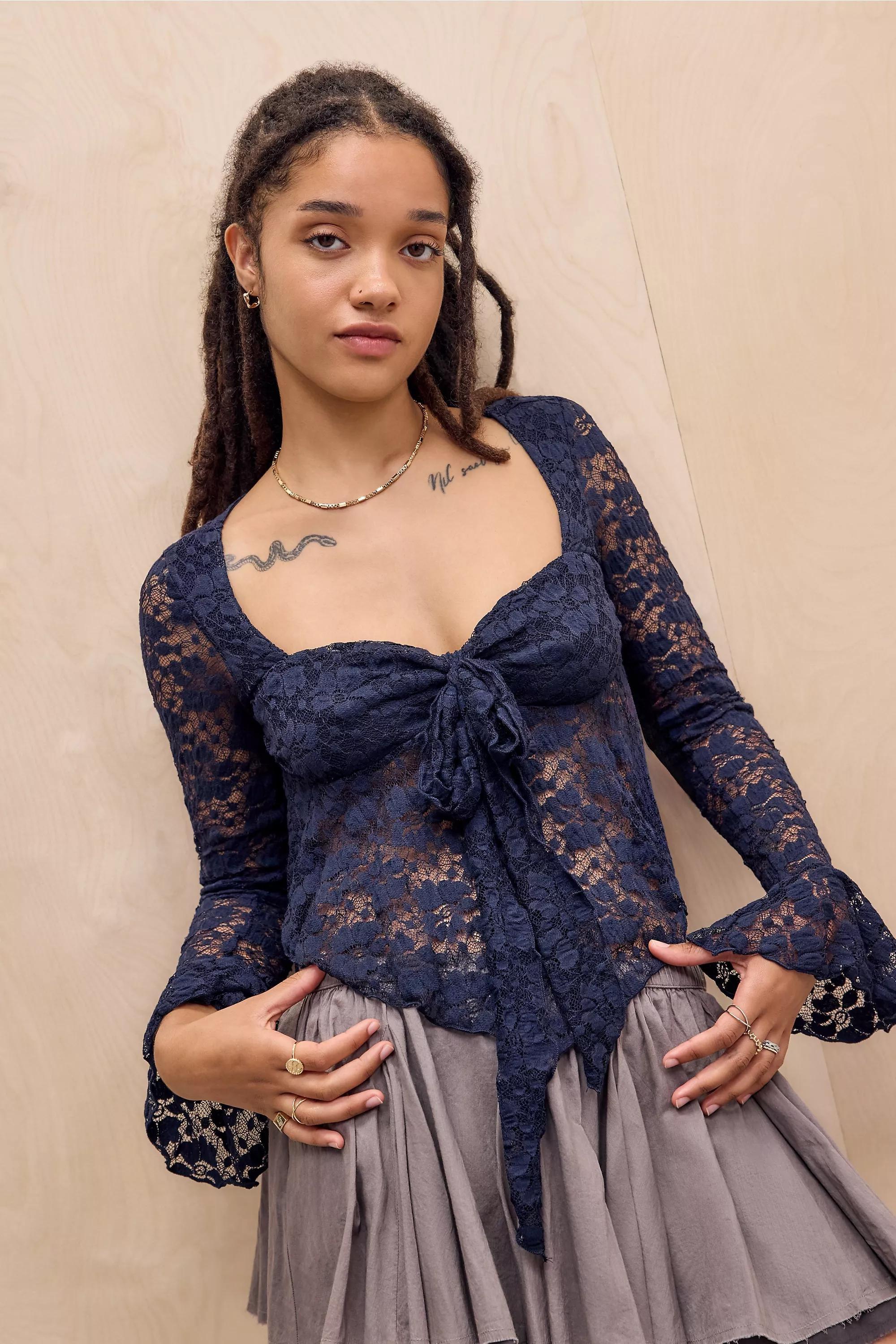 Navy Kiss The Sky Lace Long Sleeve Top, NAVY, large image number 0