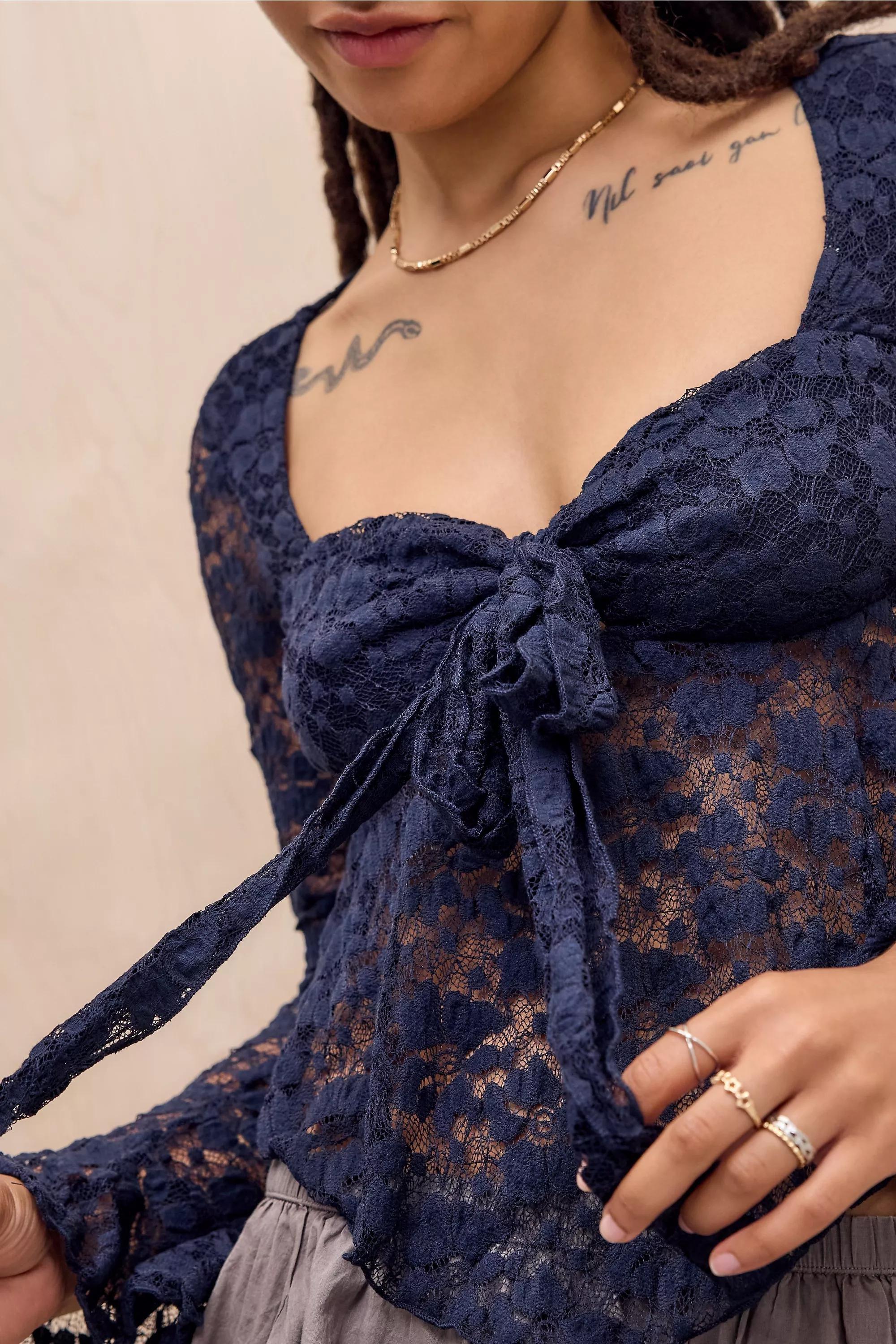 Navy Kiss The Sky Lace Long Sleeve Top, NAVY, large image number 1