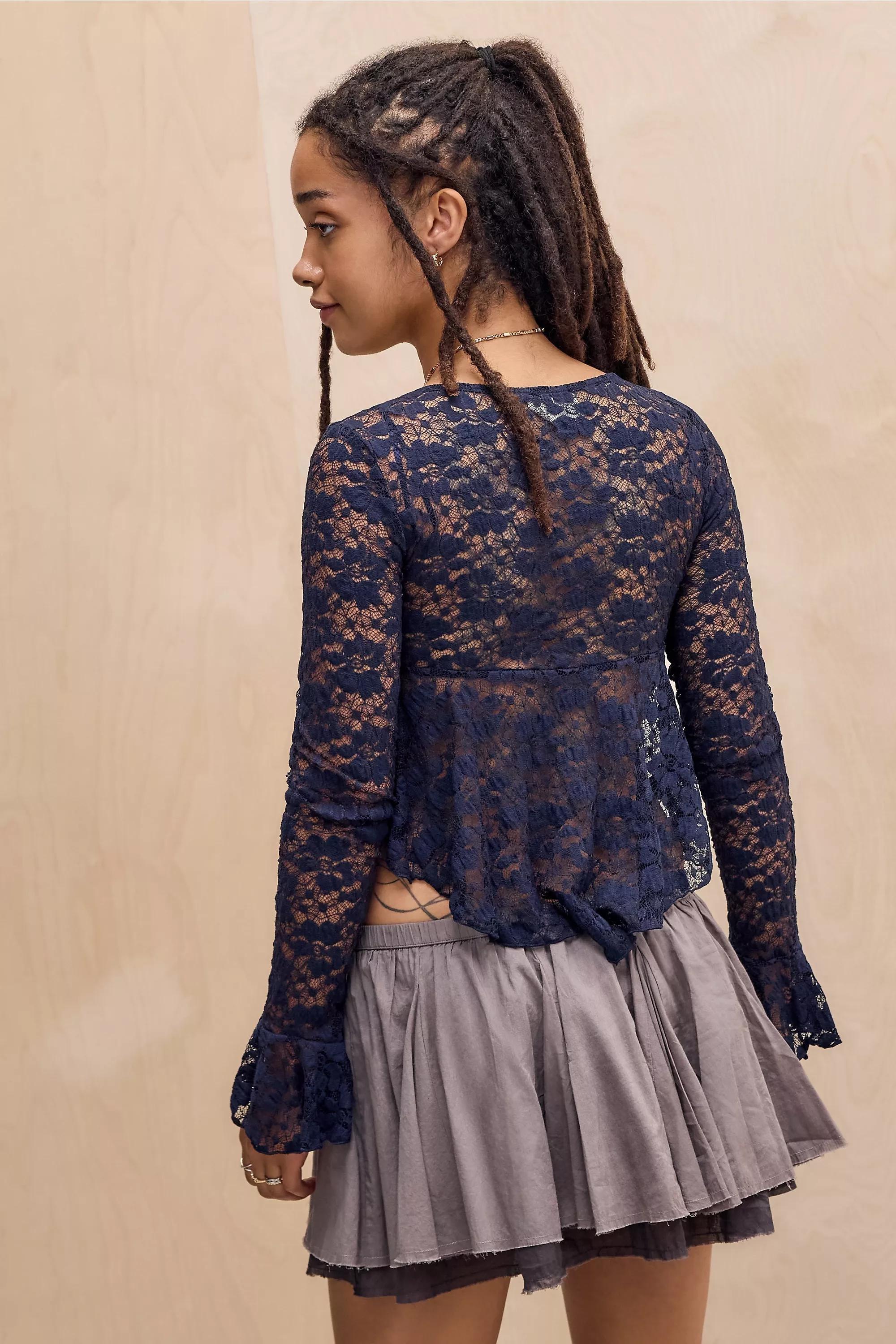 Navy Kiss The Sky Lace Long Sleeve Top, NAVY, large image number 2