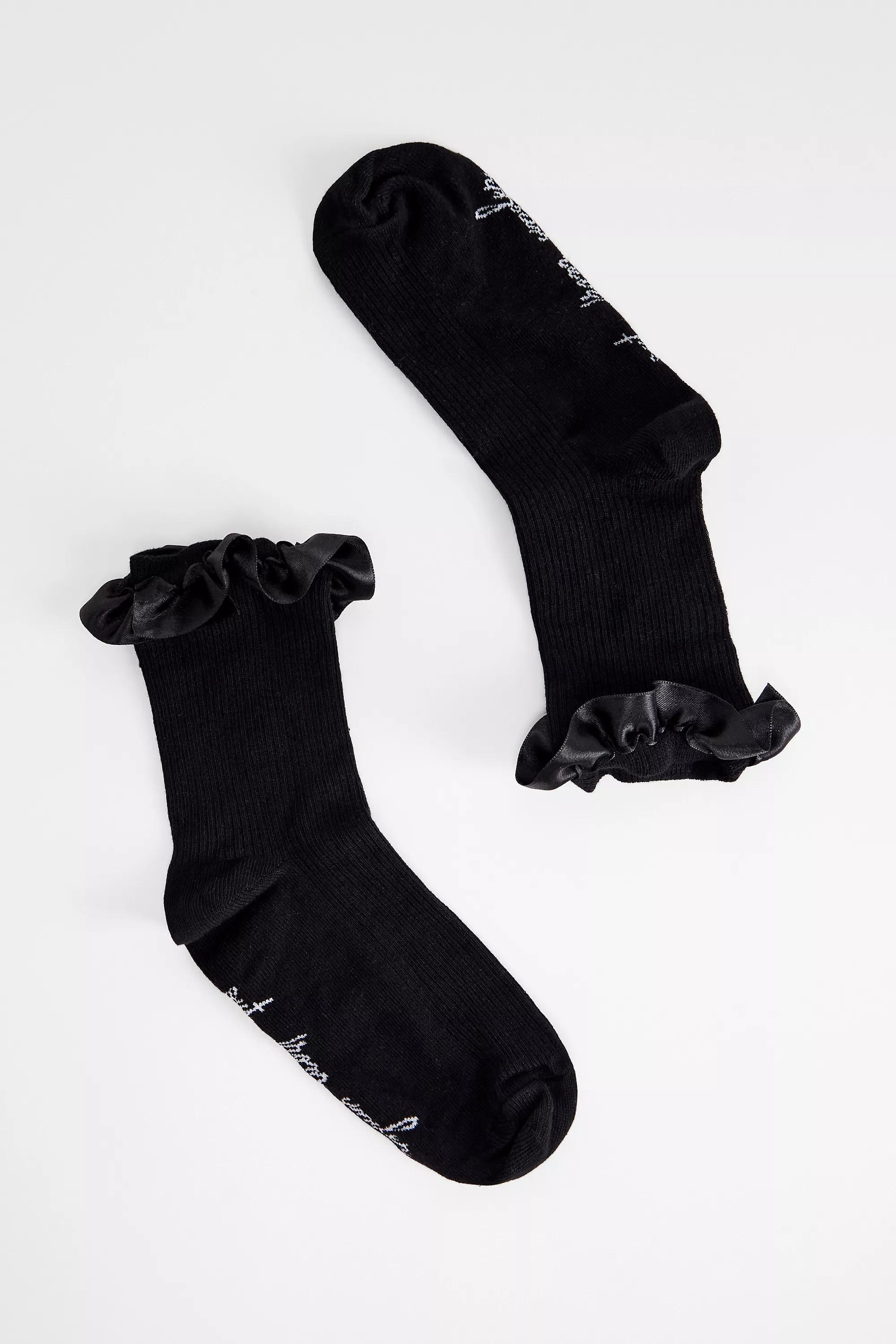 Black Out From Under Satin Trim Socks, BLK, large image number 1