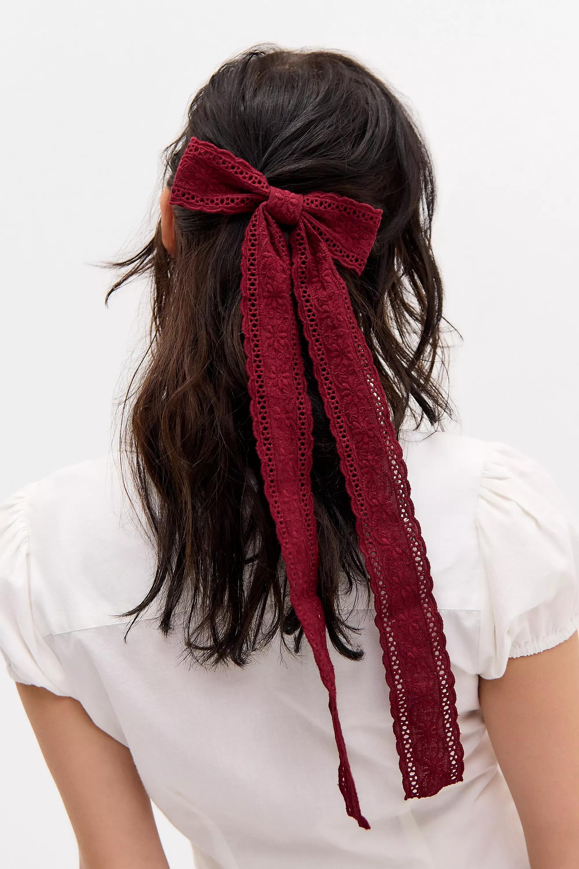 Red Uo Long Lace Bow Barette Hair Clip, A301_0259, medium