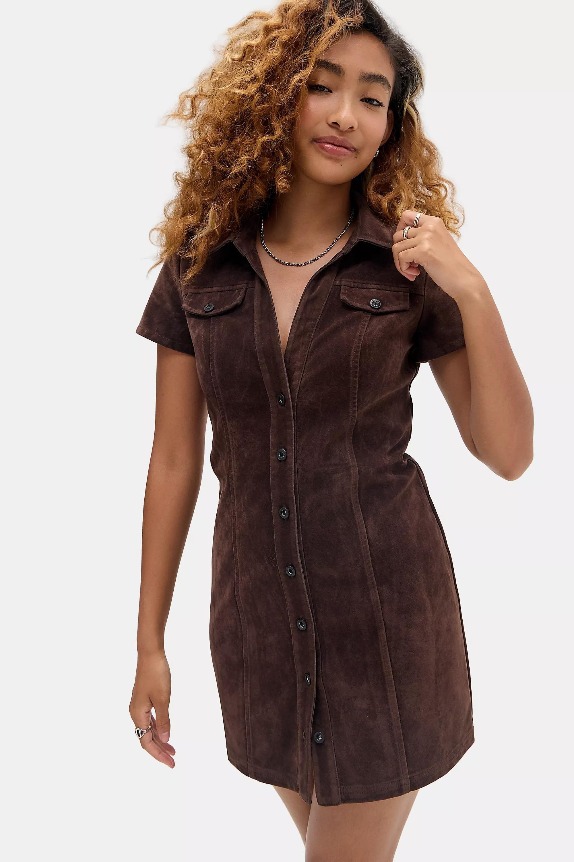 Brown Bdg Polly Faux Suede Mini Dress, CHOC, medium